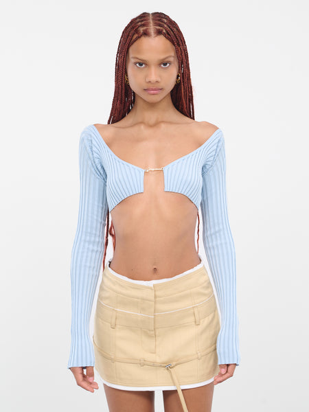 Tie Up Ribbed Cropped Cardigan Top Blue