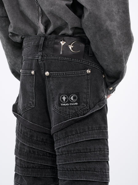 THUG CLUB Leather Black denim pants-