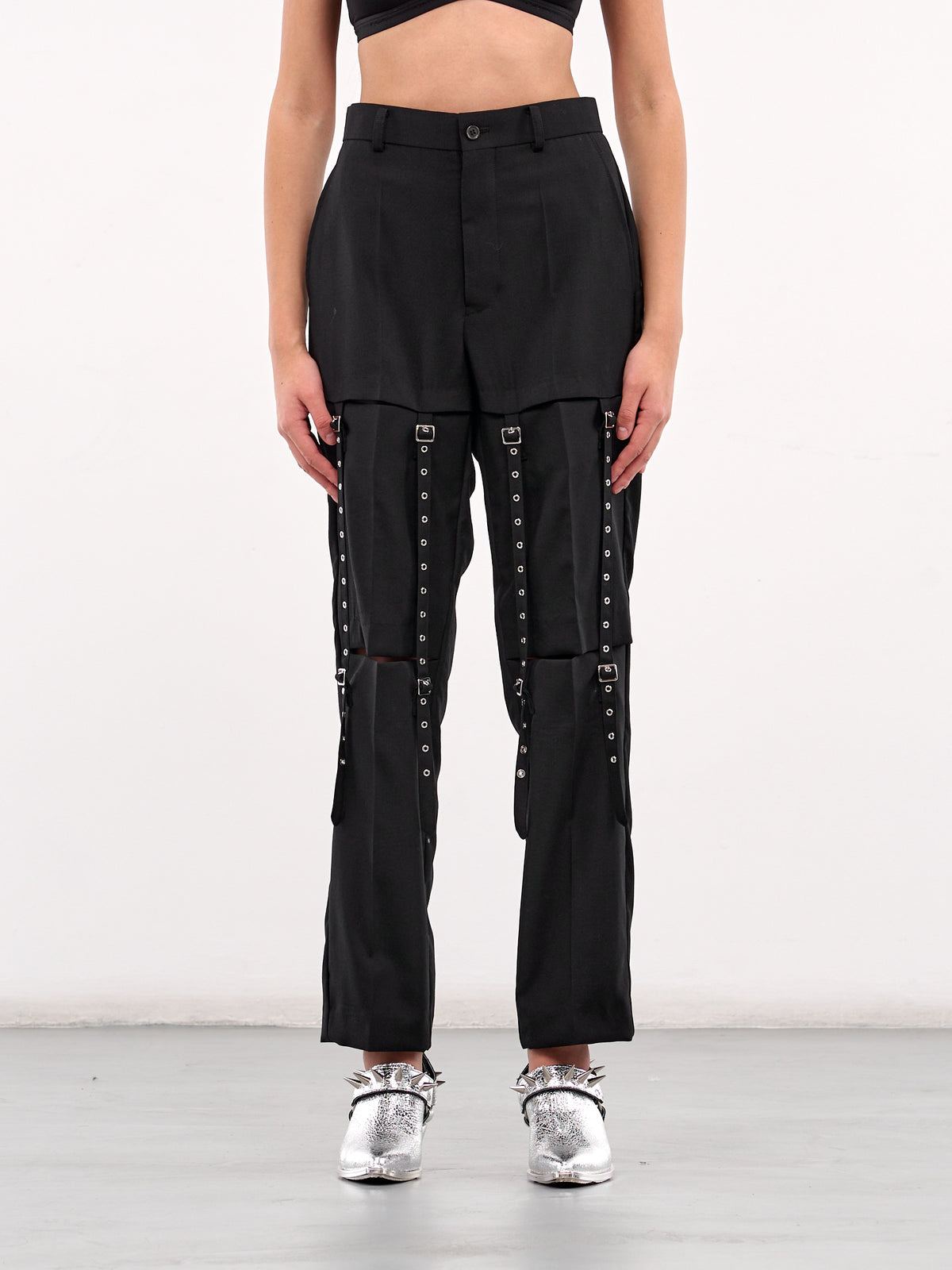 Buckle & Eyelet Strap Trousers (3O-P004-S25-BLACK)