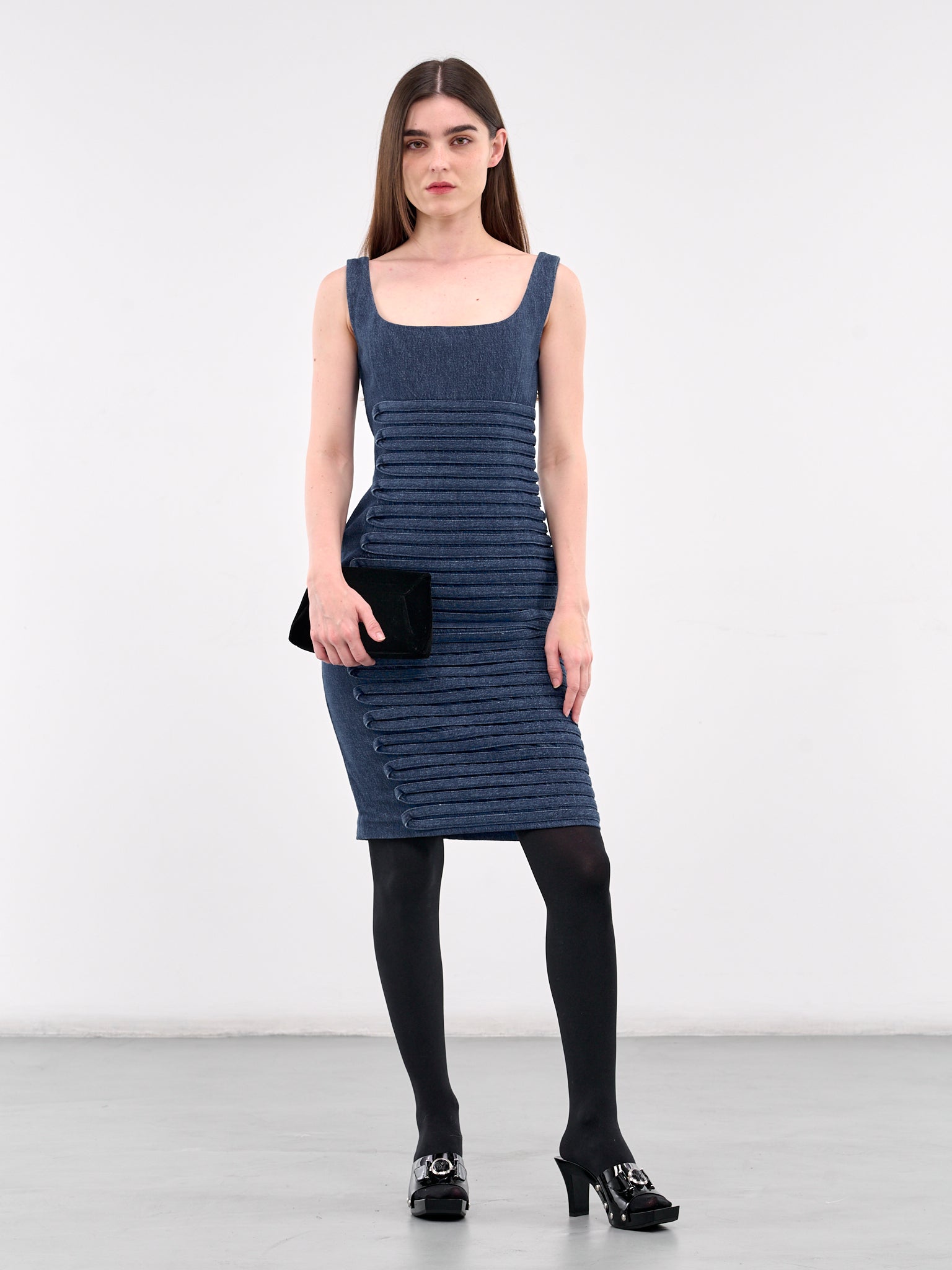 Denim Scoop Neck Fitted Dress (1018675-1A13346-MEDIUM-BLUE)