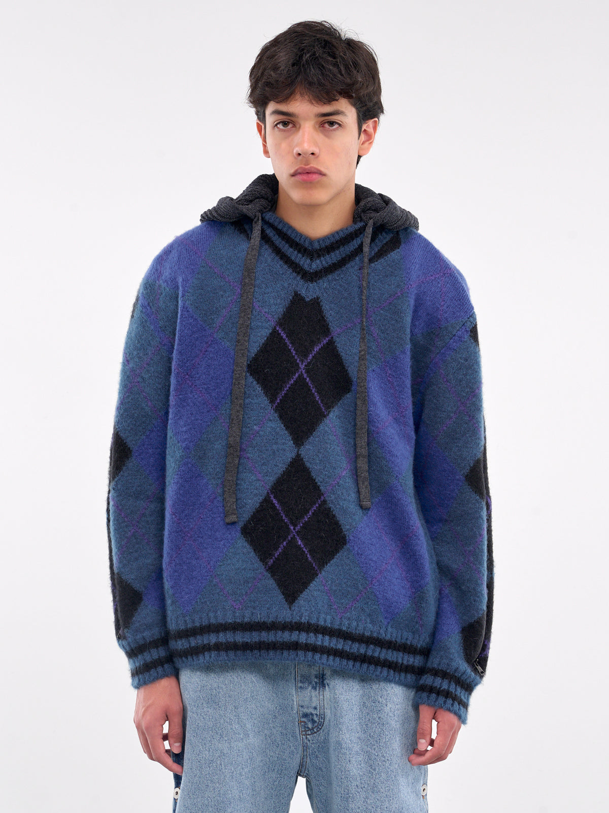 Zip Insert Hood Pullover (206SW005-Y64-BLUE-GREY-ARGYLE)