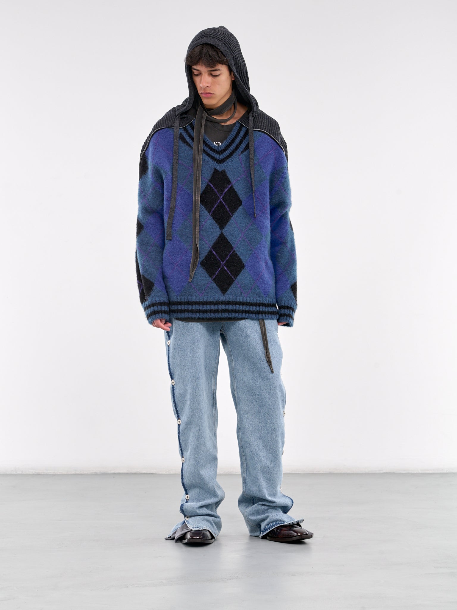 Zip Insert Hood Pullover (206SW005-Y64-BLUE-GREY-ARGYLE)