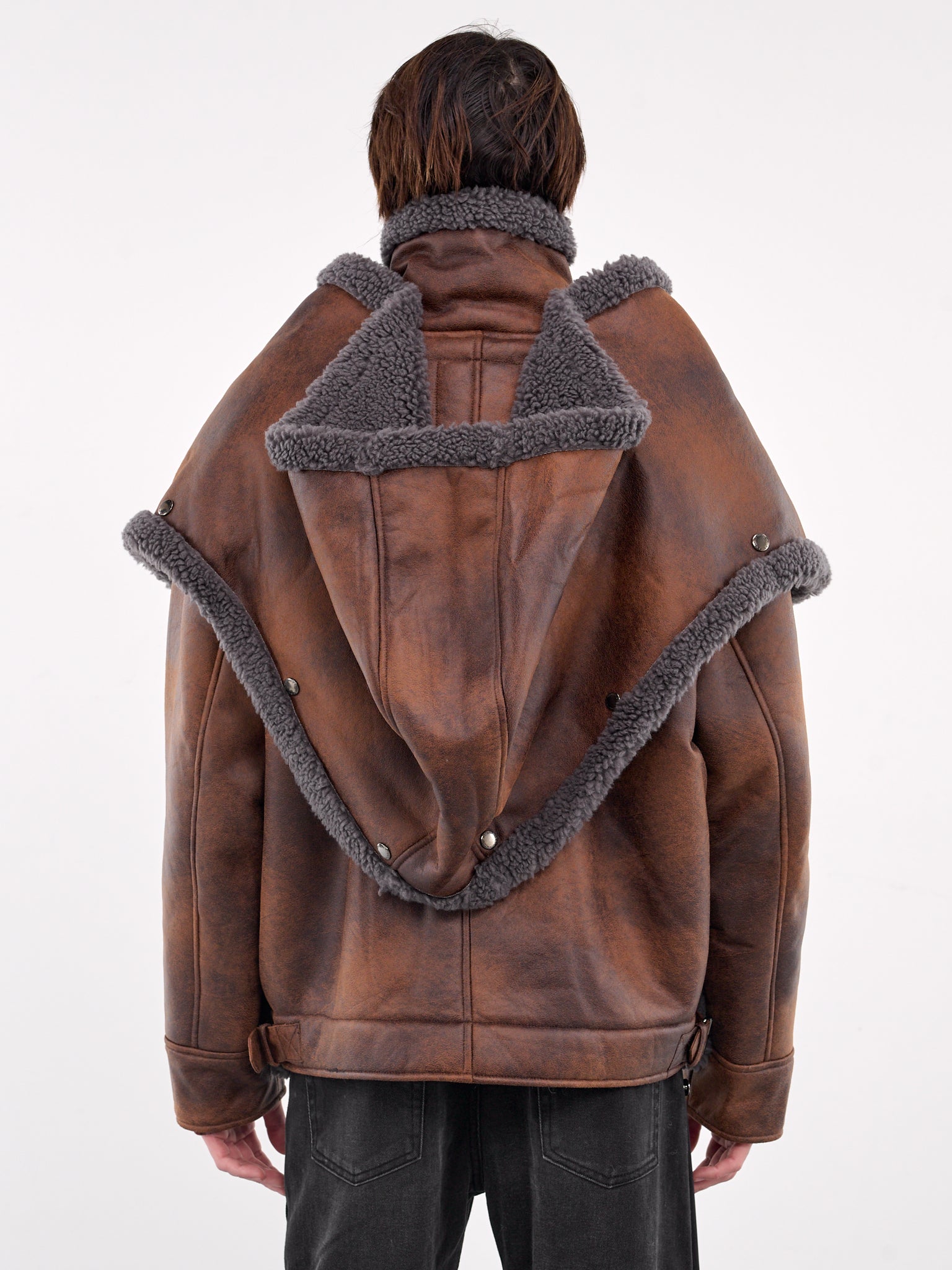 Snap Panel Hood Aviator Jacket (209JA004-F566-BROWN-GREY)