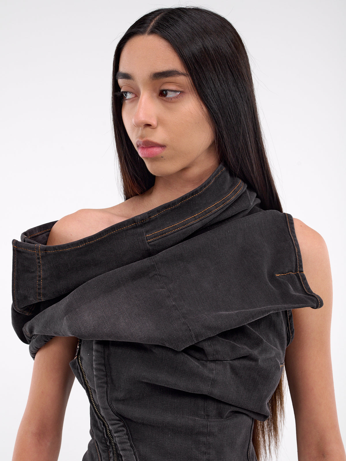 Drape Collar Denim Top (2217010111-GREY)