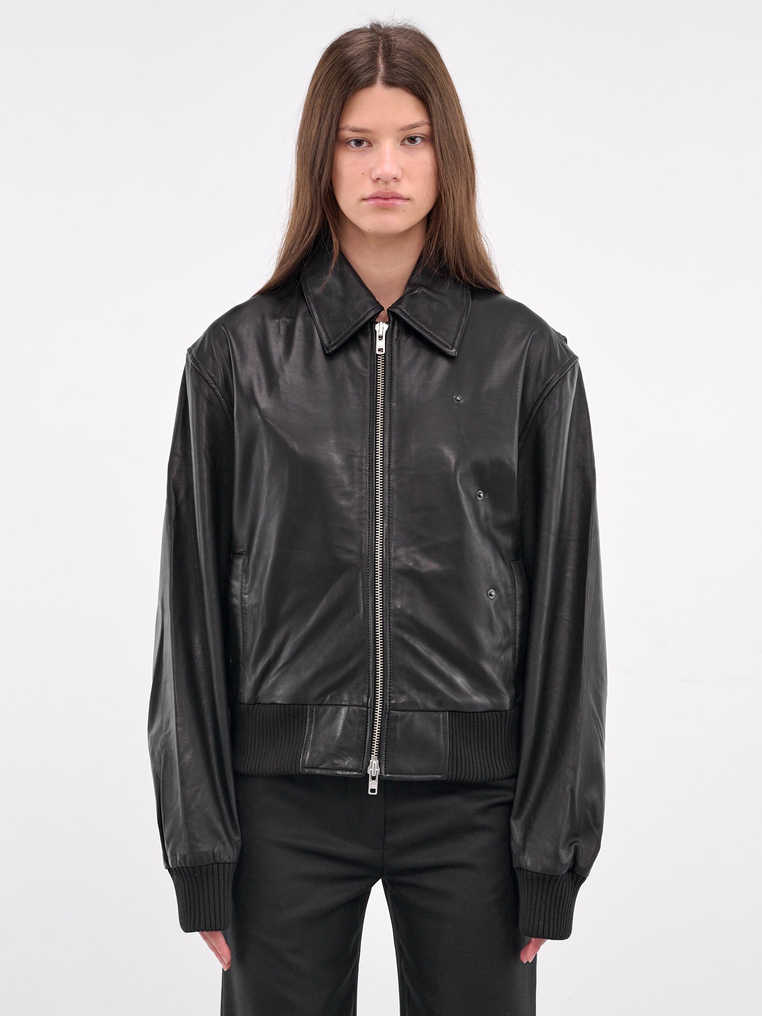 Leather Flight Bomber Jacket (24046276-BLACK)