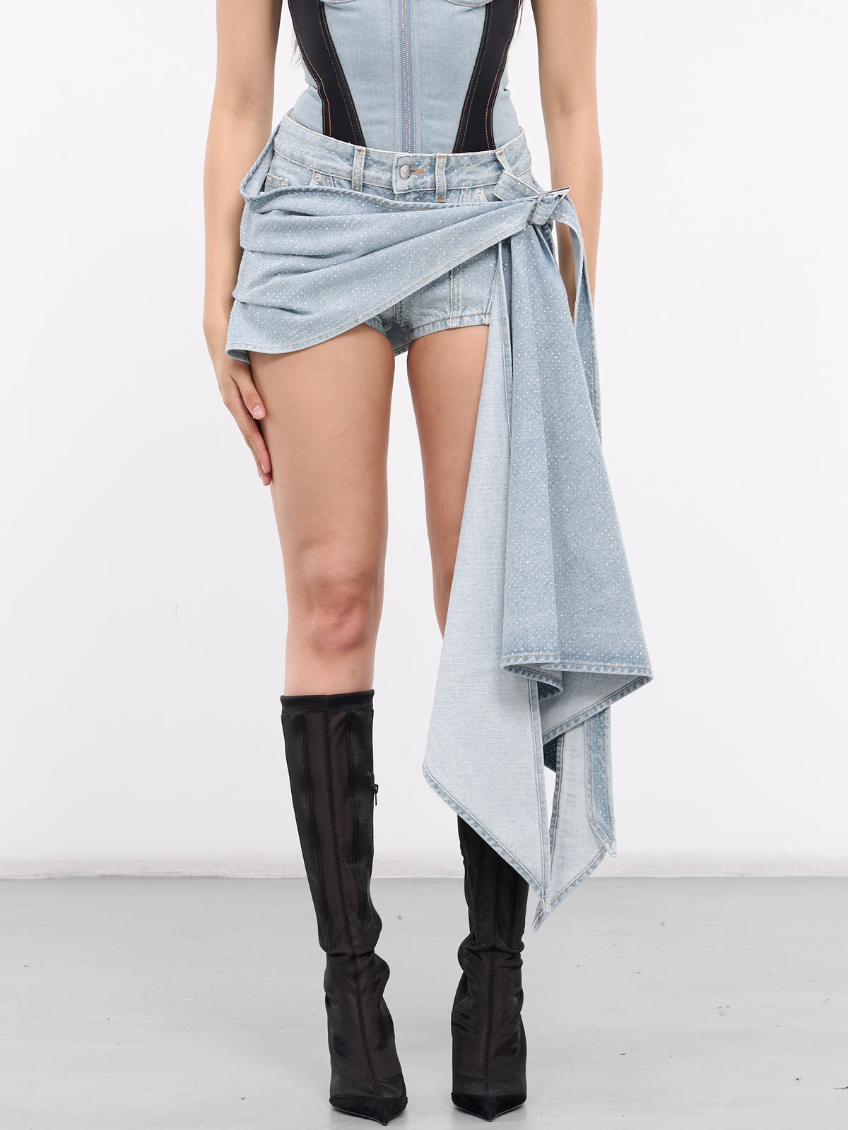 Draped Spiral Denim Rhinestone Shorts (24S6PA0423296-LIGHT-BLUE)