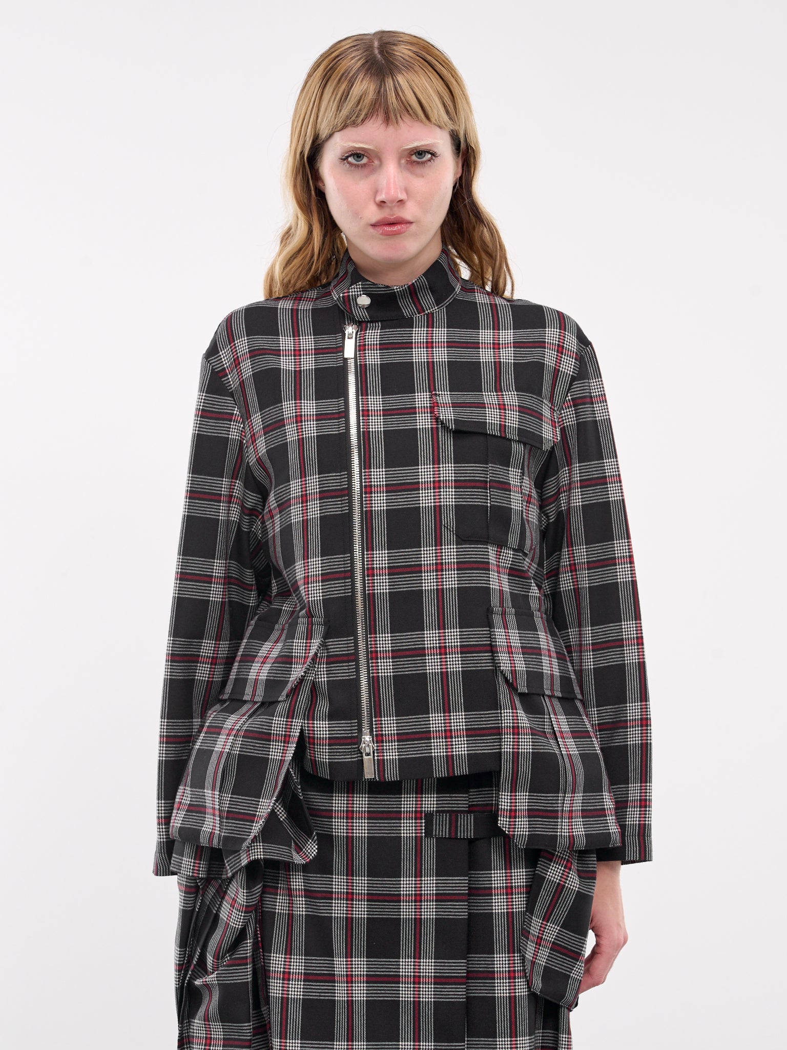 Plaid Draped Jacket (3N-J008-051-BLACK-RED)