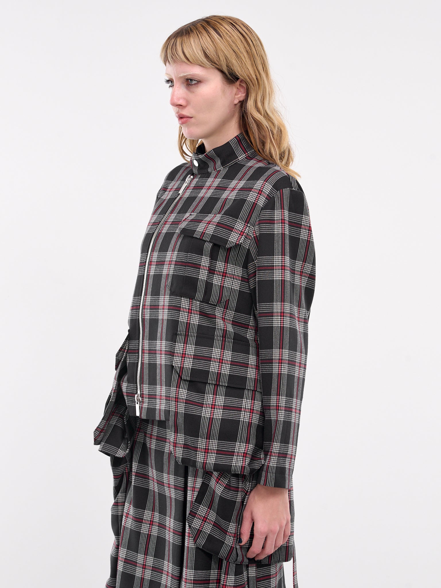 Plaid Draped Jacket (3N-J008-051-BLACK-RED)