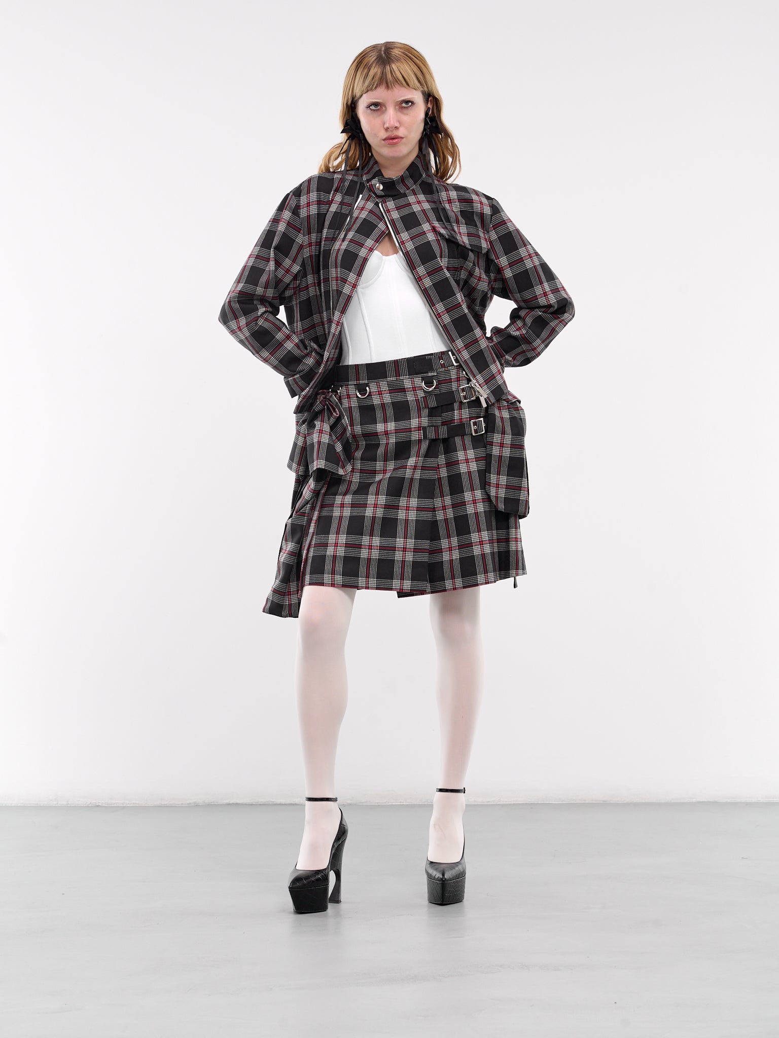 Plaid Draped Jacket (3N-J008-051-BLACK-RED)