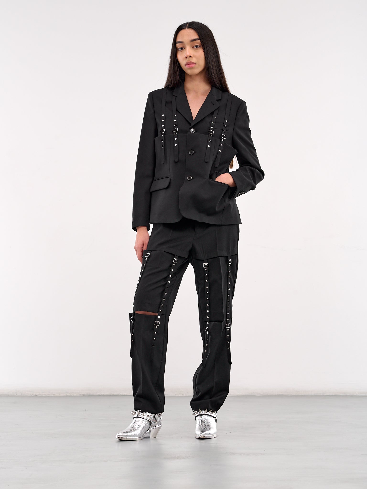 Buckle & Eyelet Strap Trousers (3O-P004-S25-BLACK)