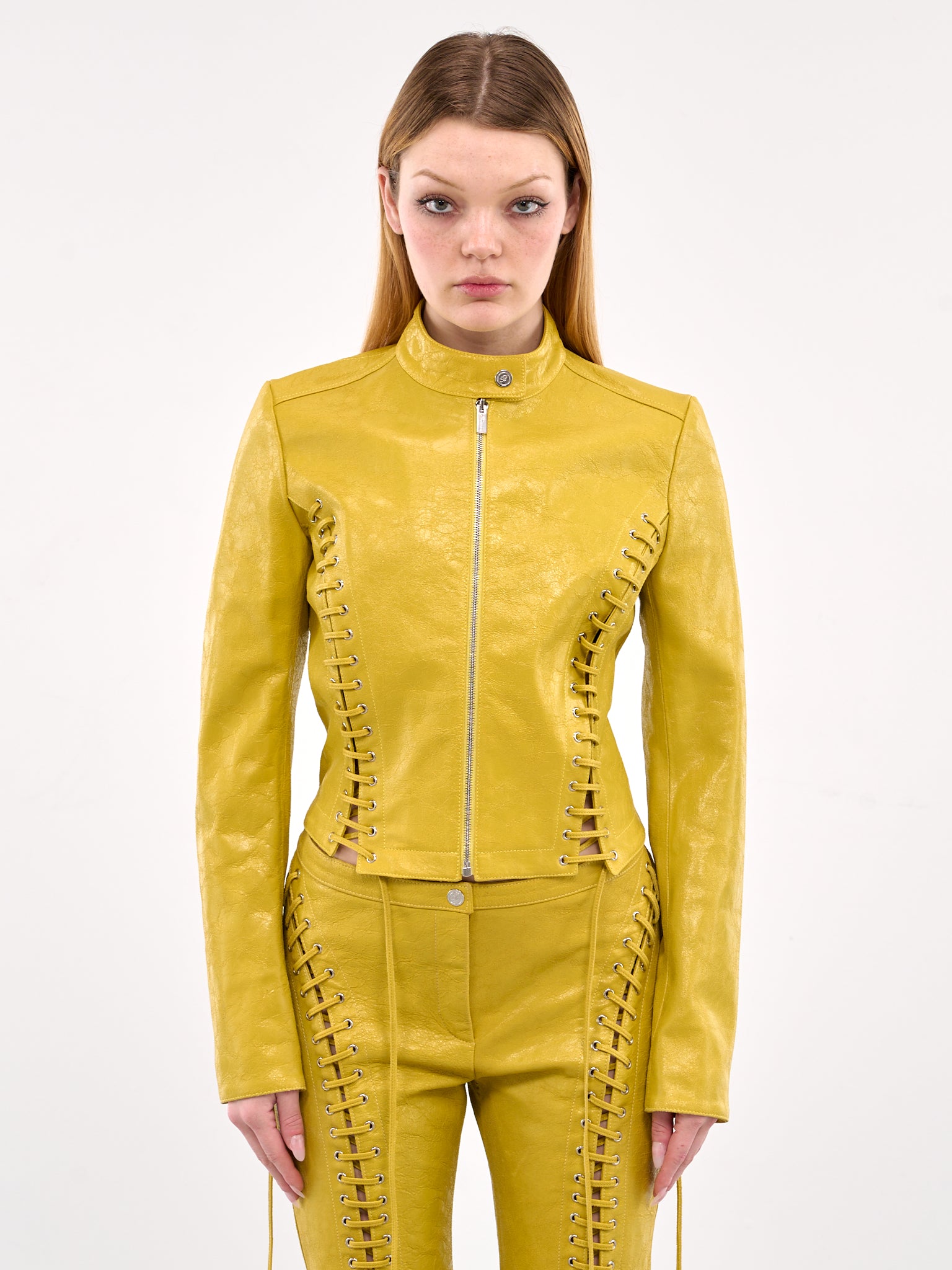 Lace-Up Leather Jacket (4L064A-N0486-MUSTARD-YELLOW)