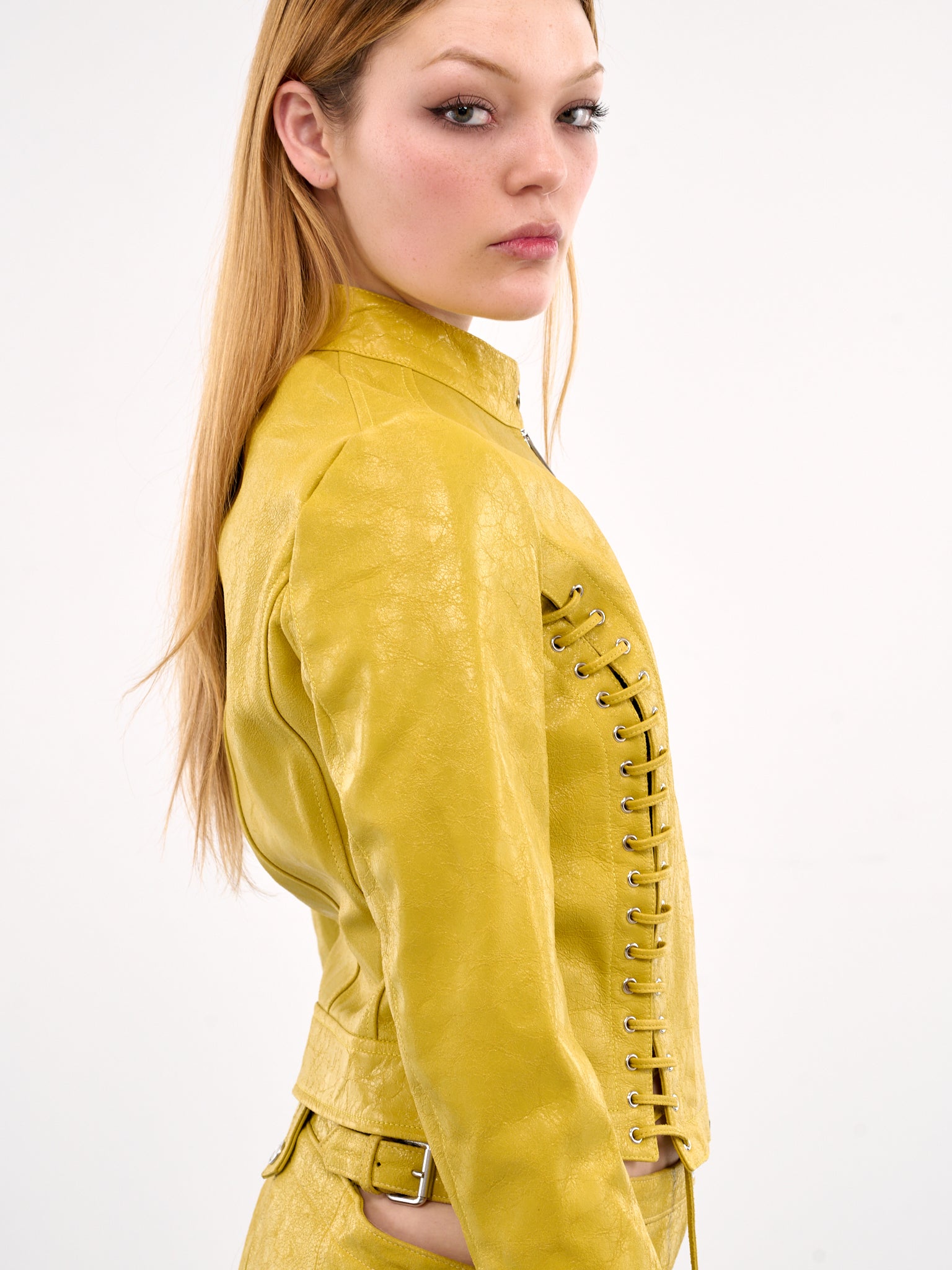 Lace-Up Leather Jacket (4L064A-N0486-MUSTARD-YELLOW)