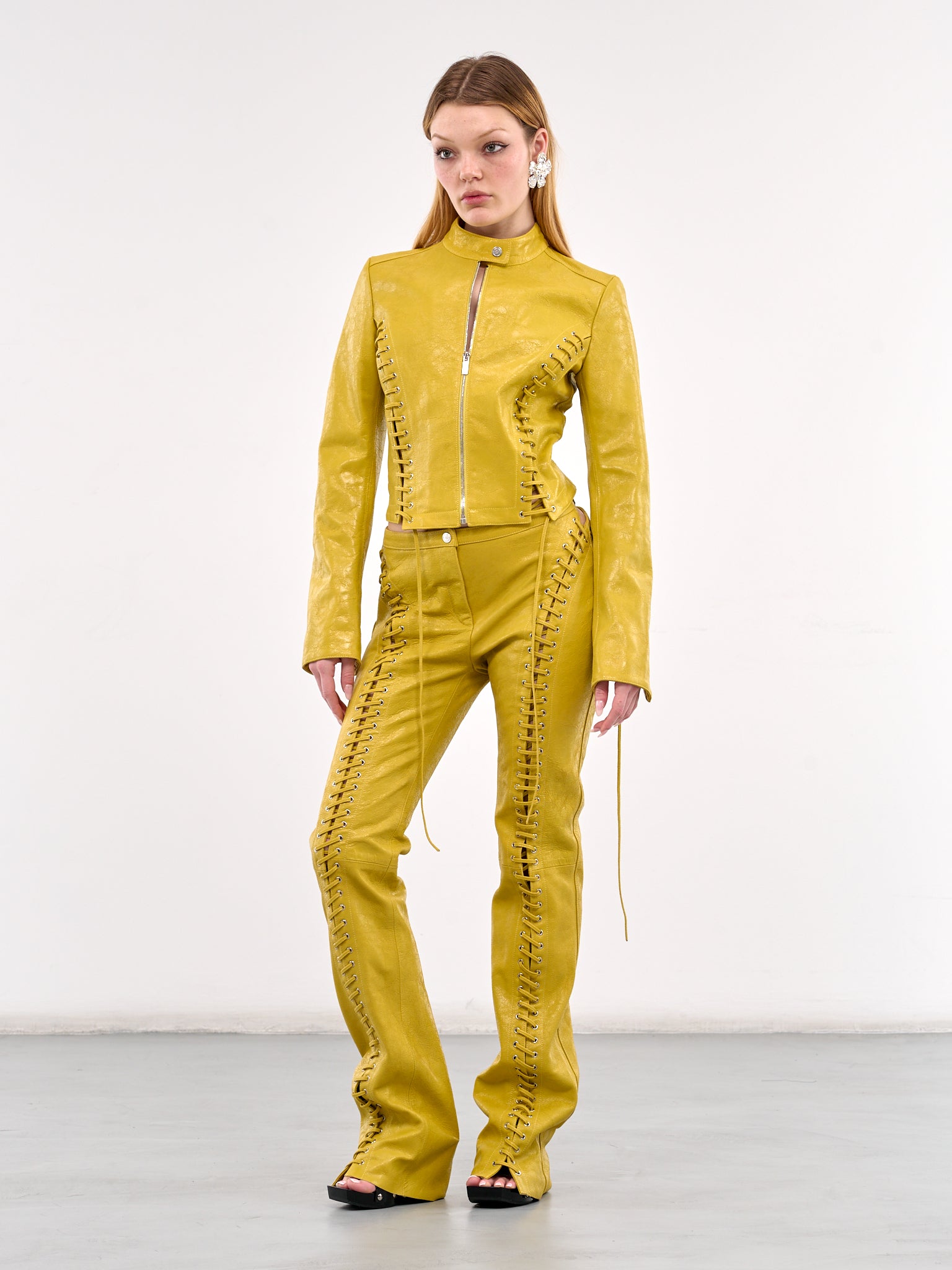 Lace-Up Leather Trousers (4L065A-N0486-MUSTARD-YELLOW)