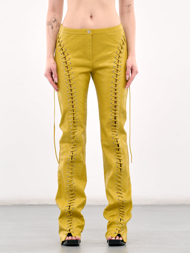 Lace-Up Leather Trousers (4L065A-N0486-MUSTARD-YELLOW)