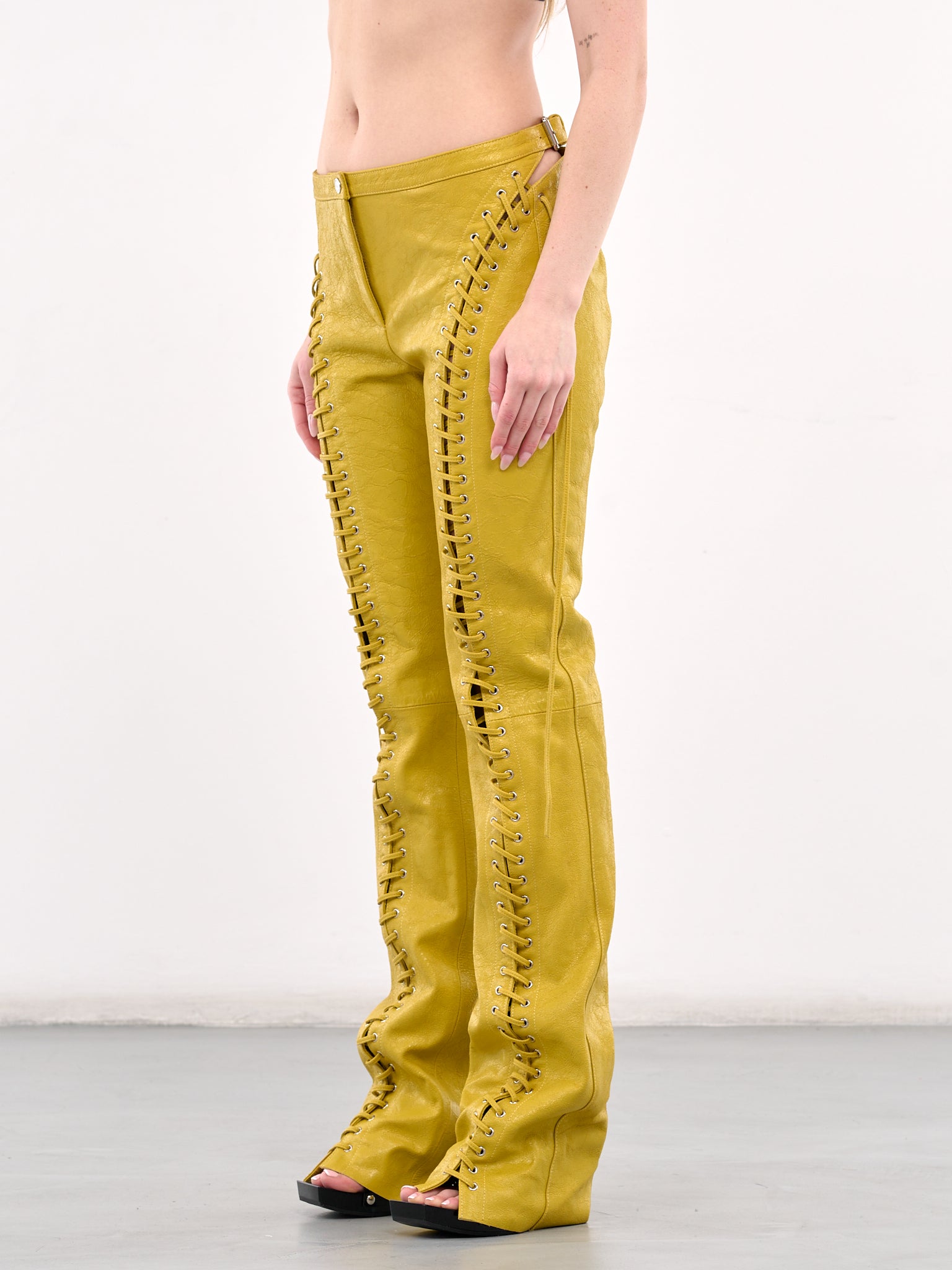 Lace-Up Leather Trousers (4L065A-N0486-MUSTARD-YELLOW)