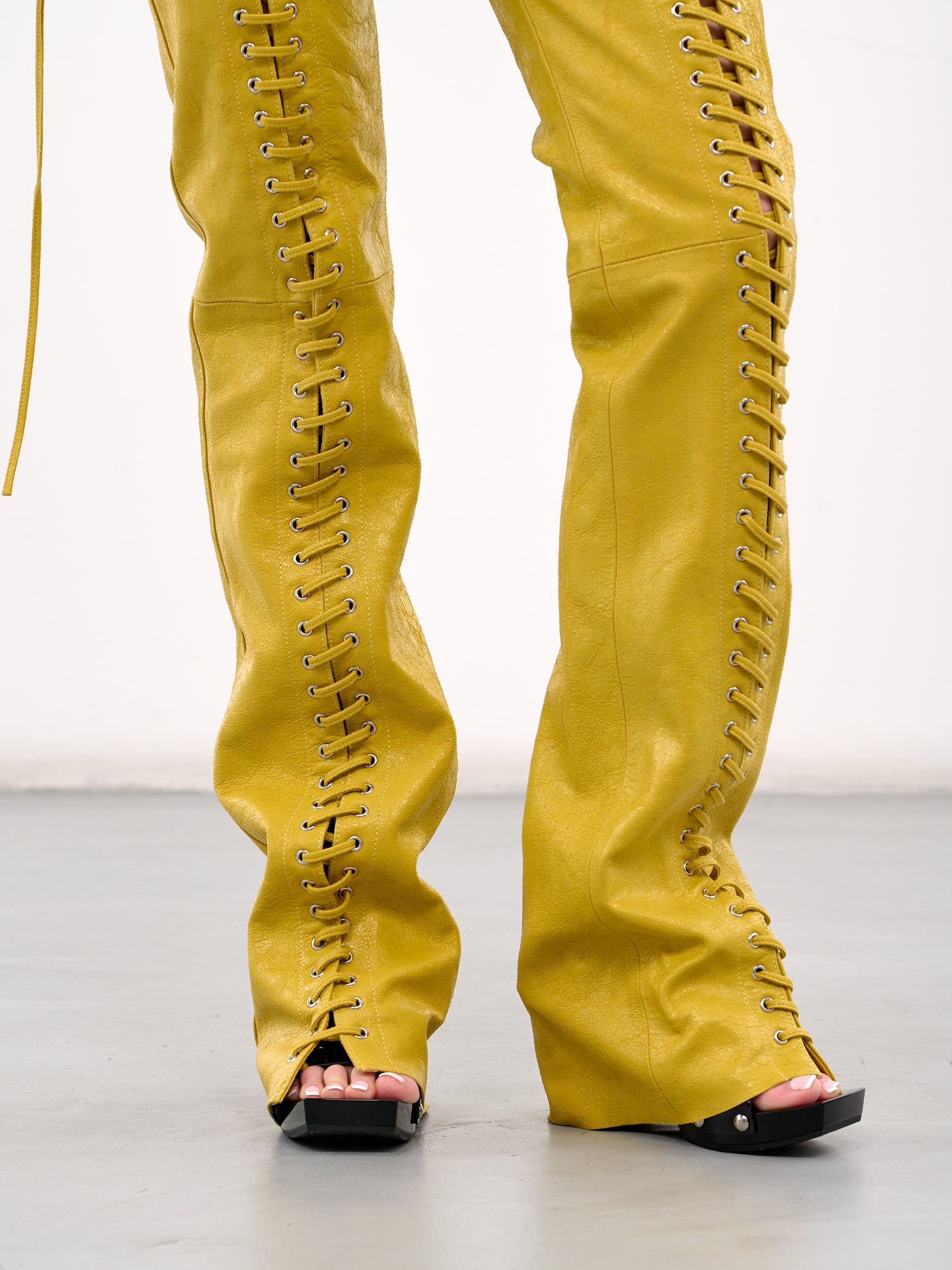 Lace-Up Leather Trousers (4L065A-N0486-MUSTARD-YELLOW)