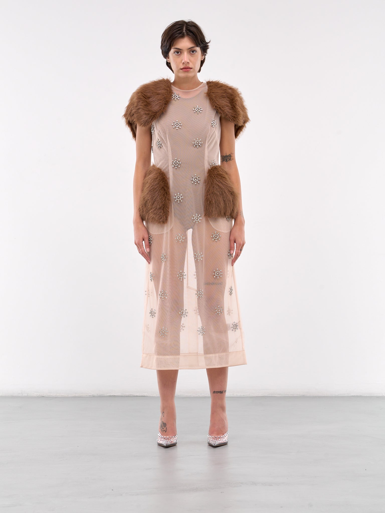 Sheer Faux Fur Dress (7314F-1021-NUDE-DIAMANTE-BROWN)