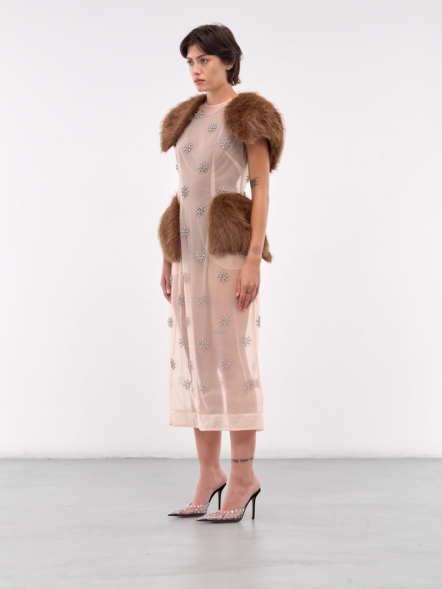 Sheer Faux Fur Dress (7314F-1021-NUDE-DIAMANTE-BROWN)