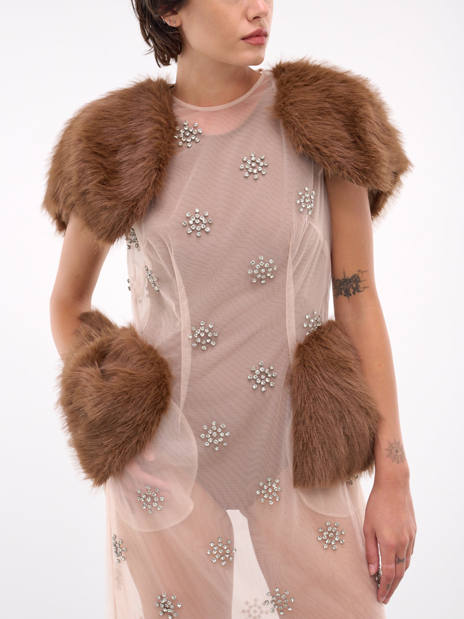 Sheer Faux Fur Dress (7314F-1021-NUDE-DIAMANTE-BROWN)