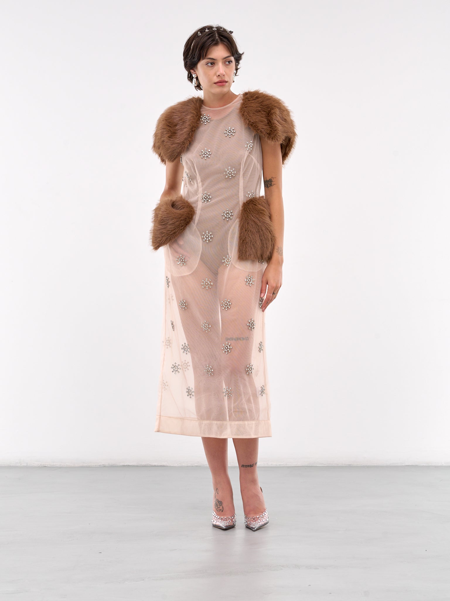 Sheer Faux Fur Dress (7314F-1021-NUDE-DIAMANTE-BROWN)