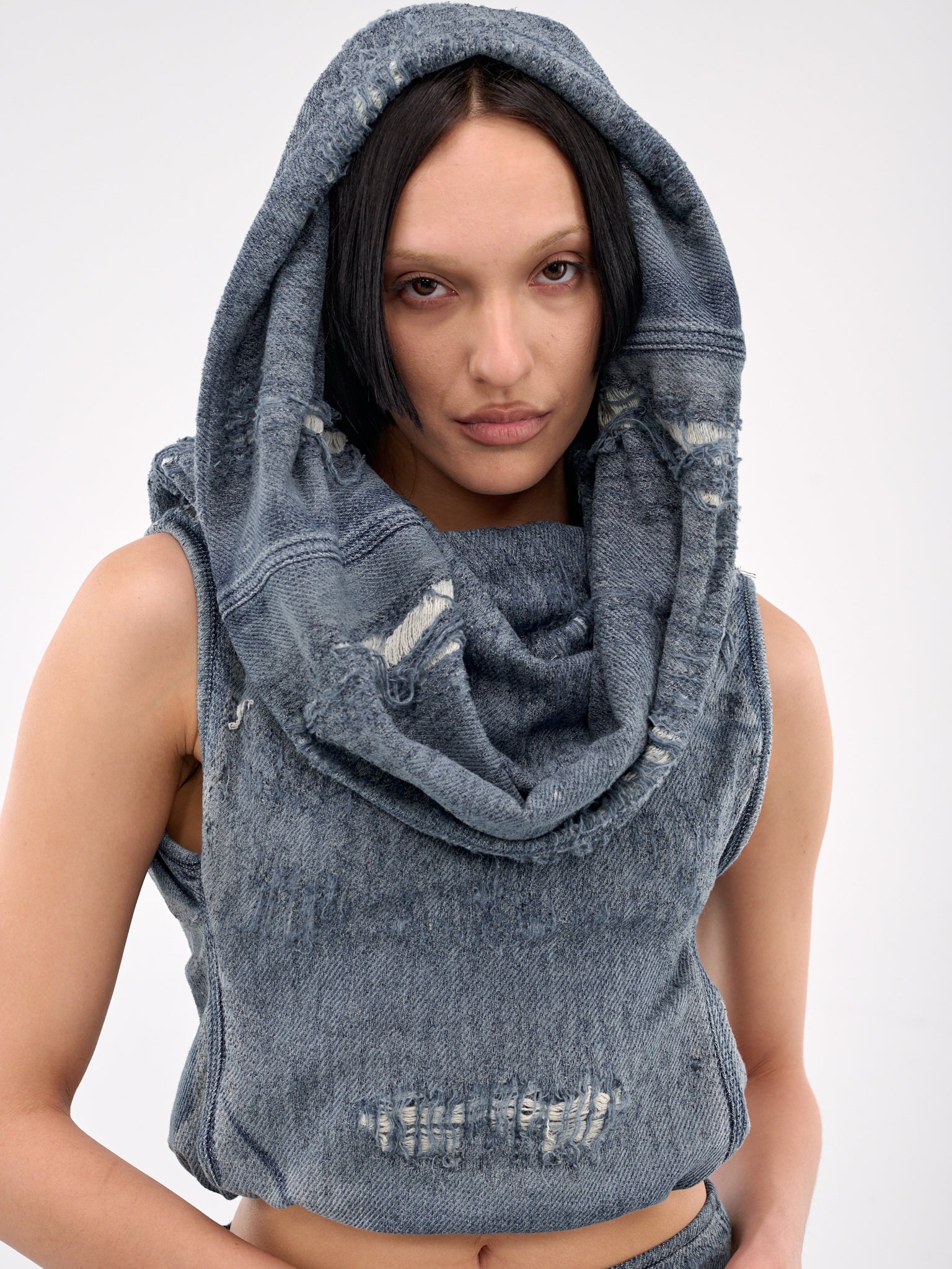 Distressed Hooded Denim Blouse (A18944-068RQ-DENIM)