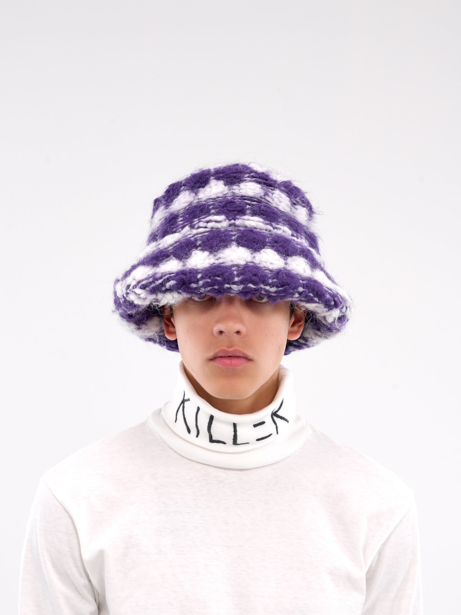 Knit Puff Bucket Hat (AC001V1-PURPLE-WHITE)