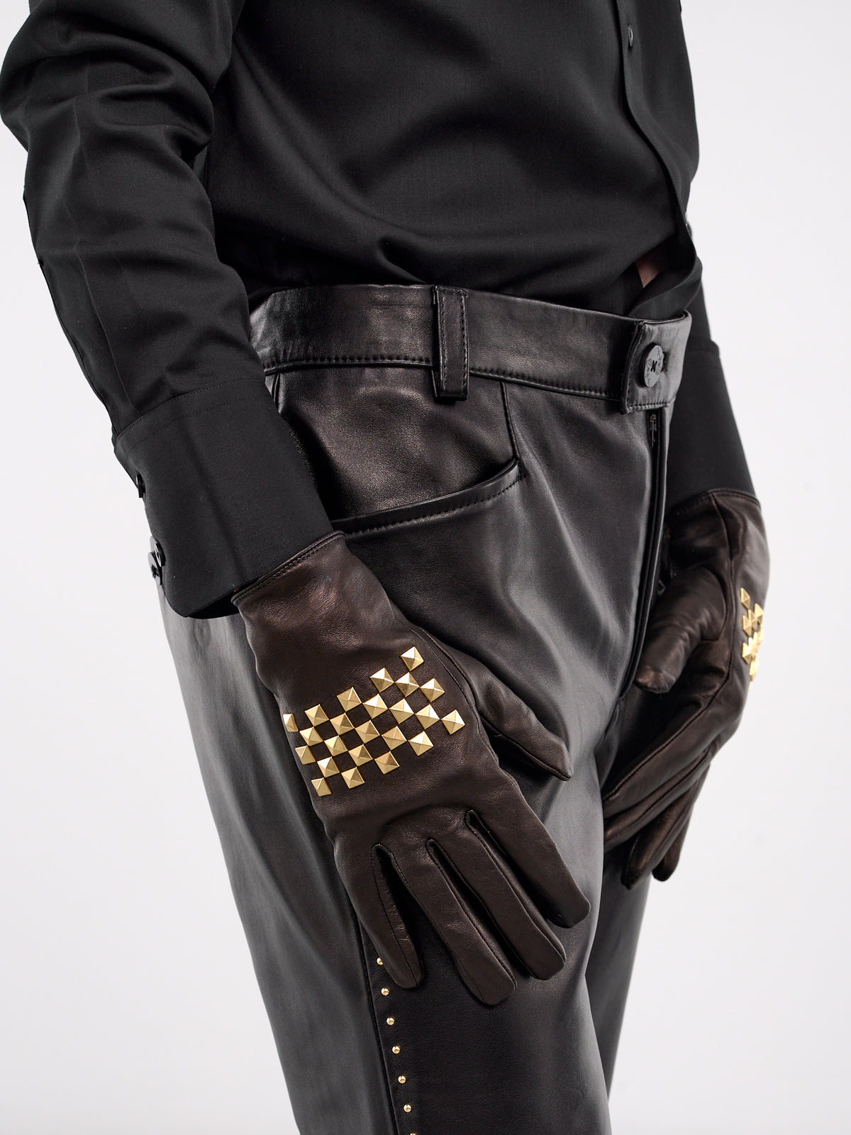 Gold Studded Lamb Leather Gloves (AC17G-LE50-BLACK-GOLD-STUDS)