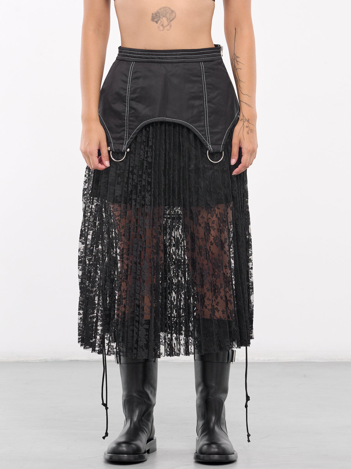 Lace Combination Pleated Skirt (APA762W-BLACK)