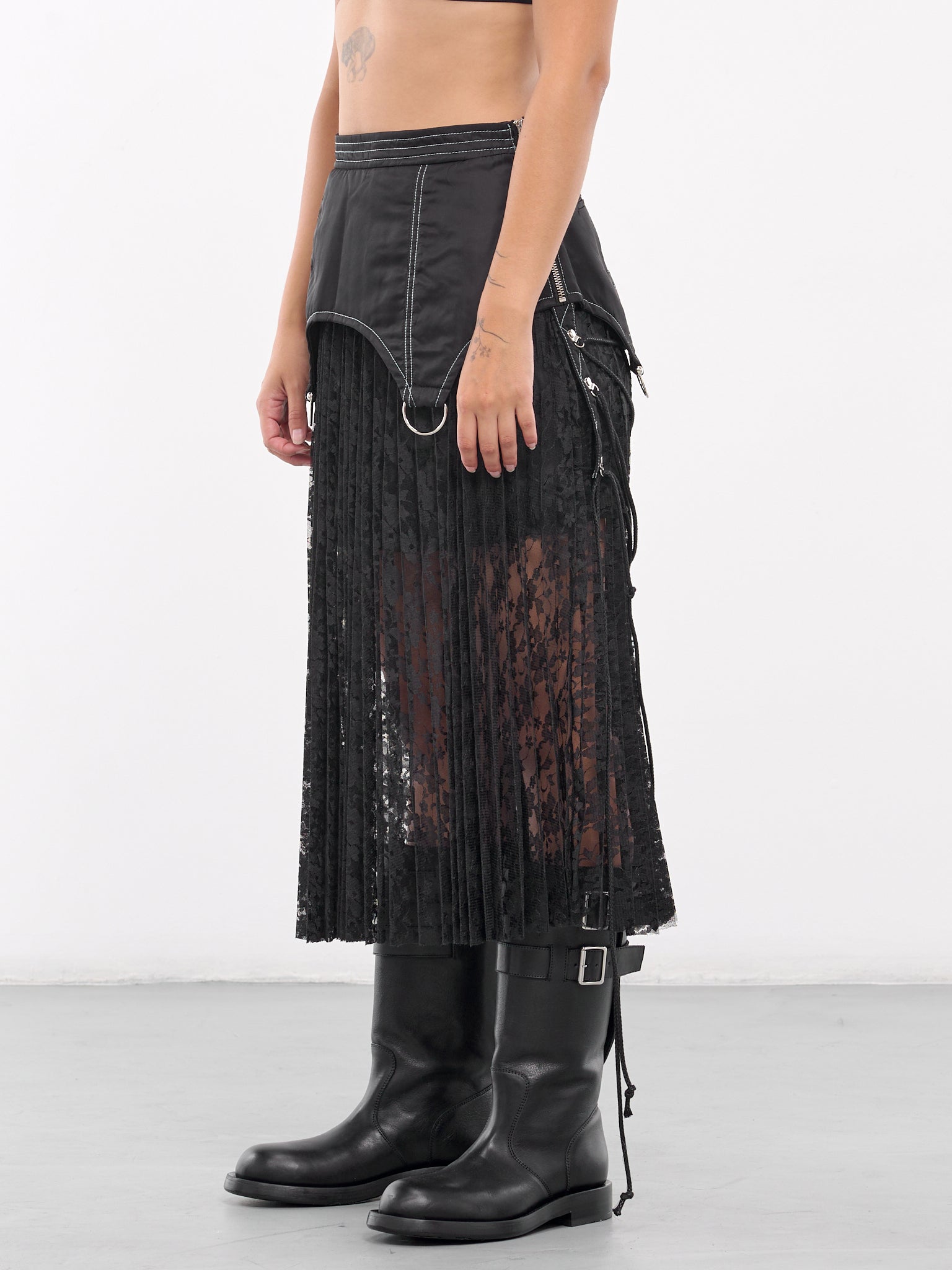 Lace Combination Pleated Skirt (APA762W-BLACK)