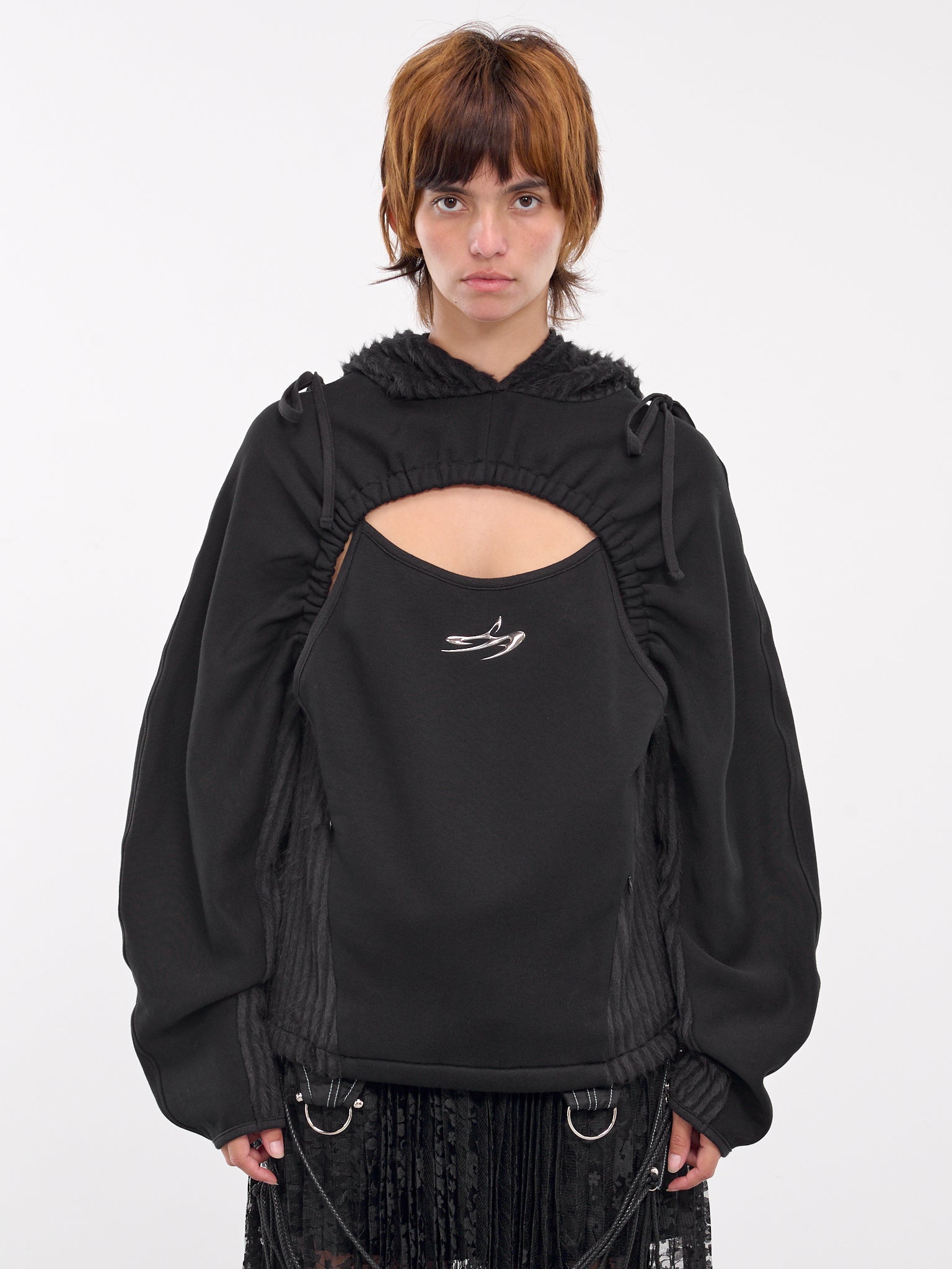 Cut-Out Shirred Hoodie (ATB1193W-BLACK)