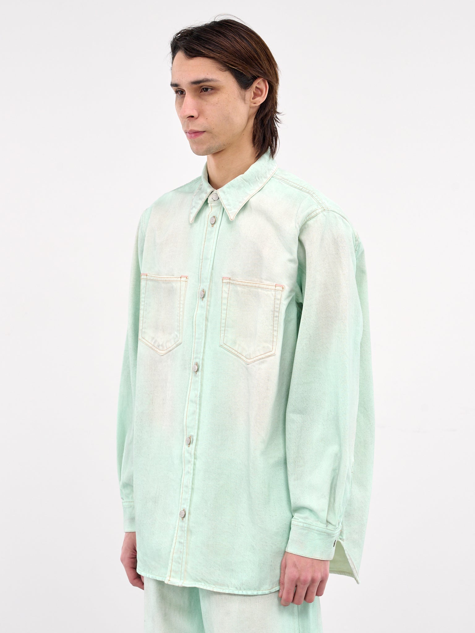 Relaxed Fit Denim Button-Up Shirt (CB0102-MINT-GREEN)