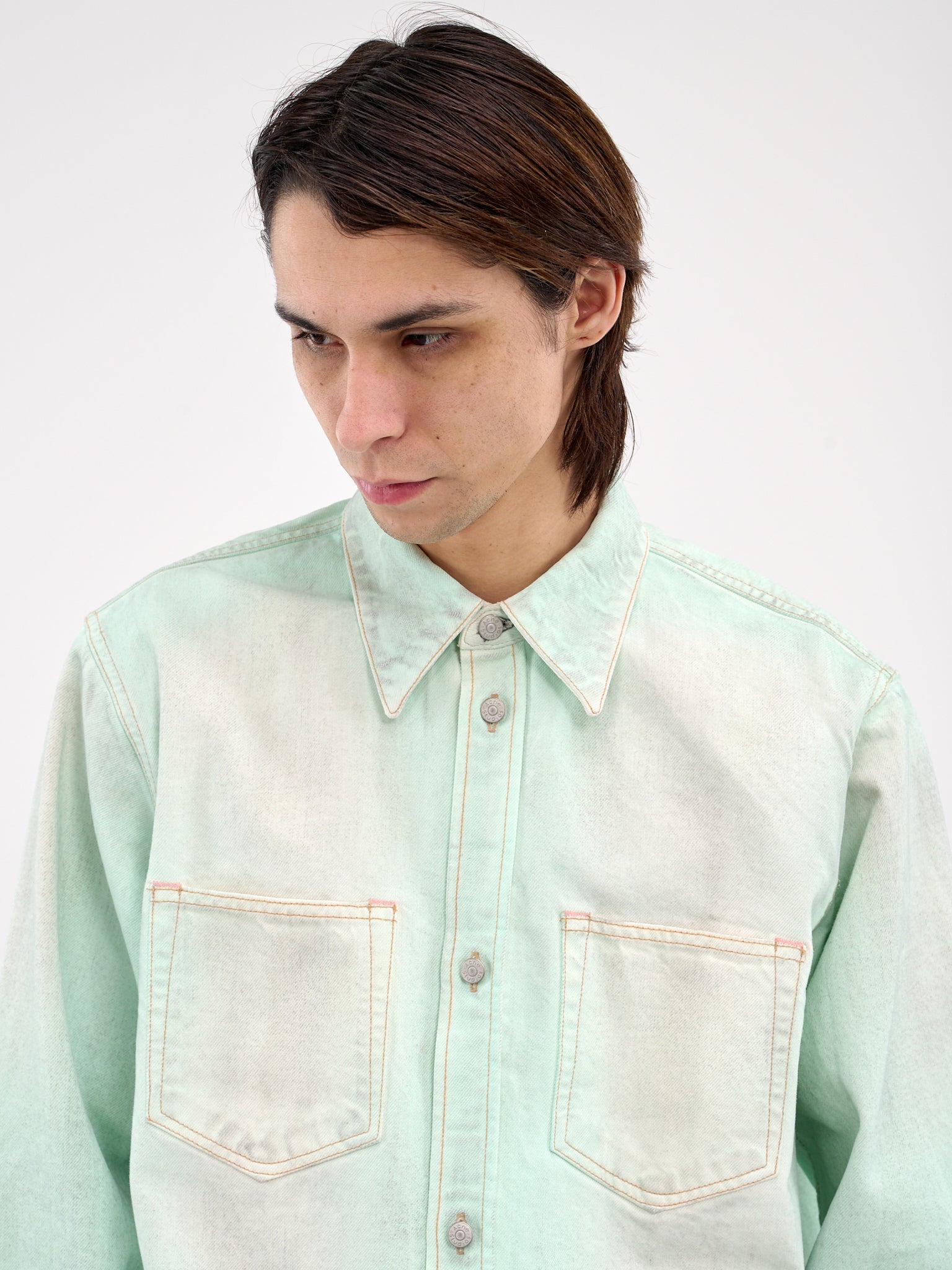 Relaxed Fit Denim Button-Up Shirt (CB0102-MINT-GREEN)