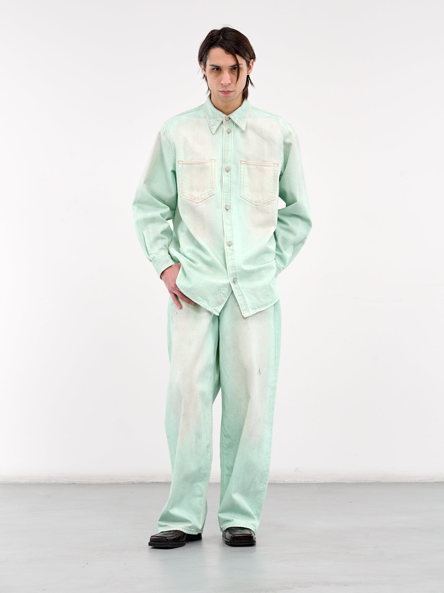 Relaxed Fit Denim Button-Up Shirt (CB0102-MINT-GREEN)