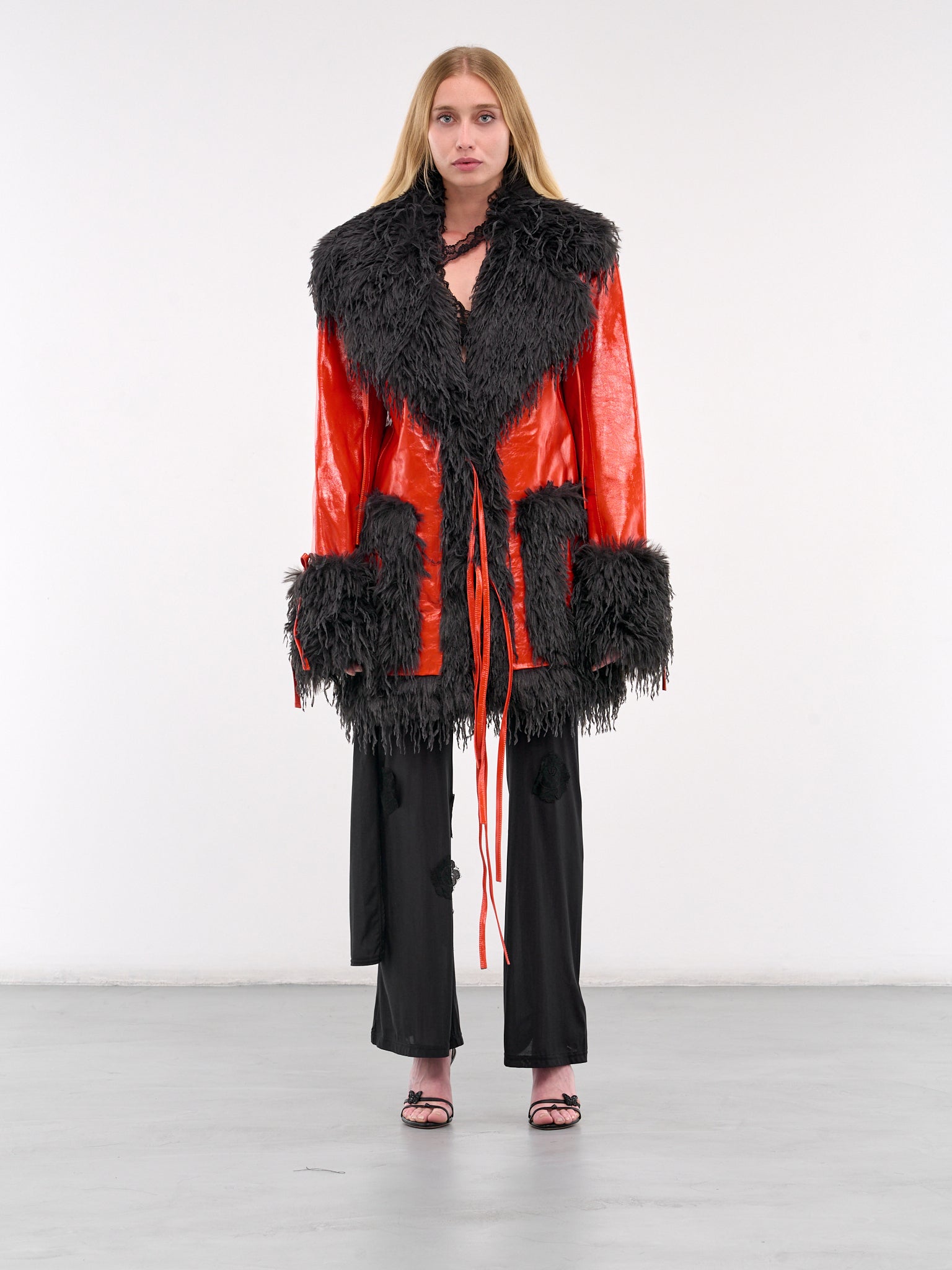 Faux Feather Trim Leather Coat CO008C PERRIAND RED