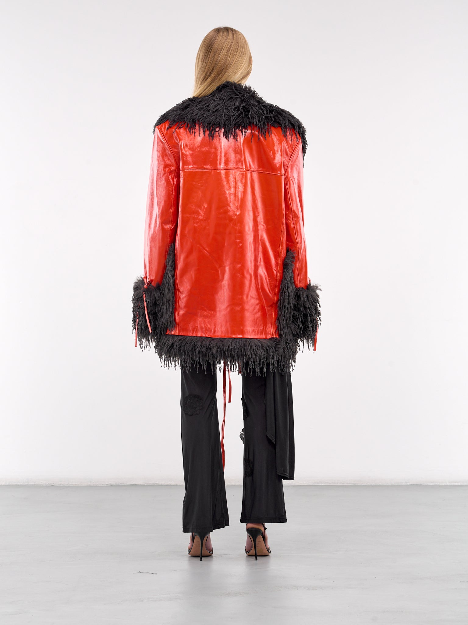 Faux Feather Trim Leather Coat (CO008C-PERRIAND-RED)