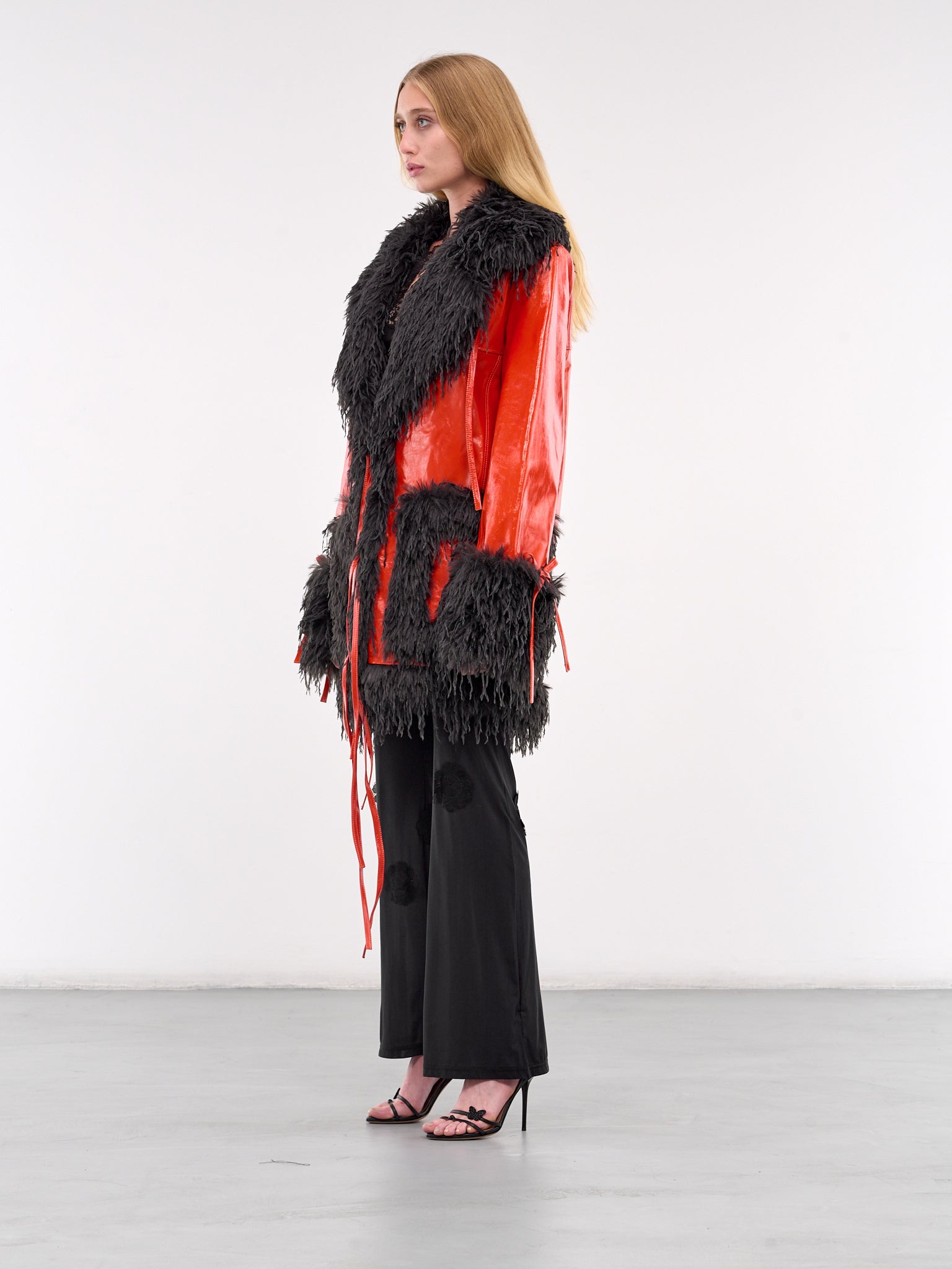 Faux Feather Trim Leather Coat (CO008C-PERRIAND-RED)