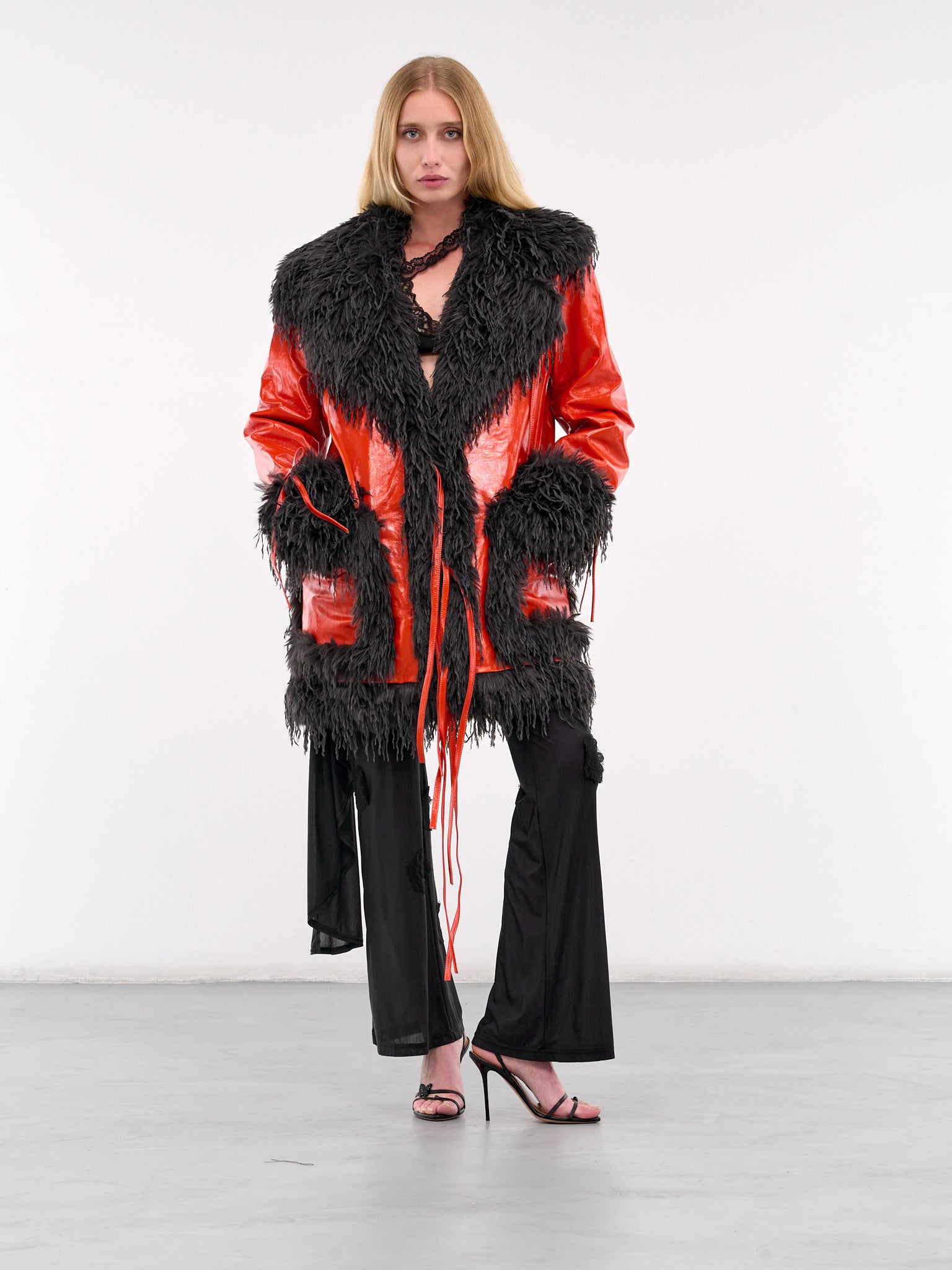 Faux Feather Trim Leather Coat (CO008C-PERRIAND-RED)