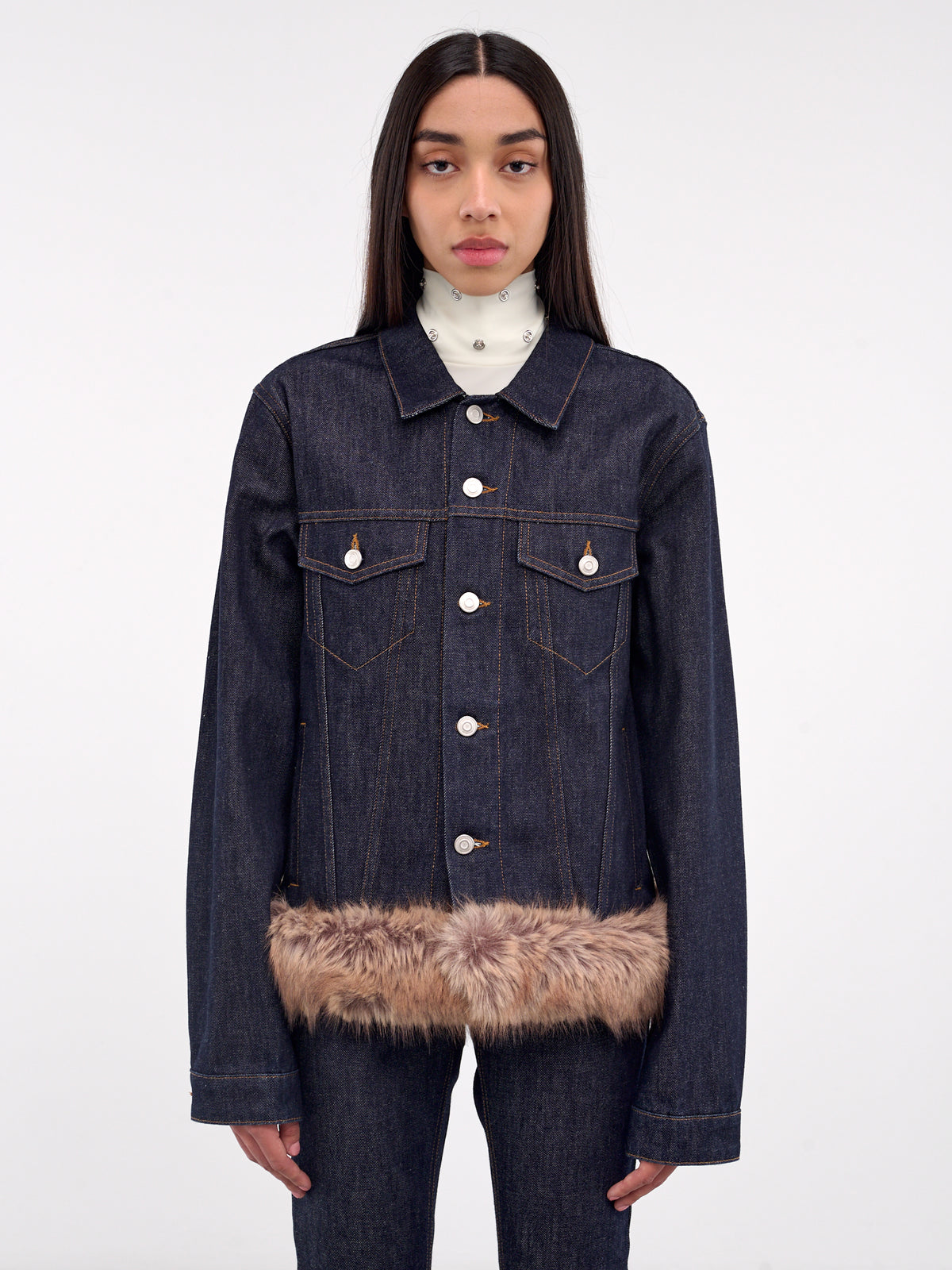 Faux Fur Denim Jacket (COPBL22F2011-BROWN-BLUE)