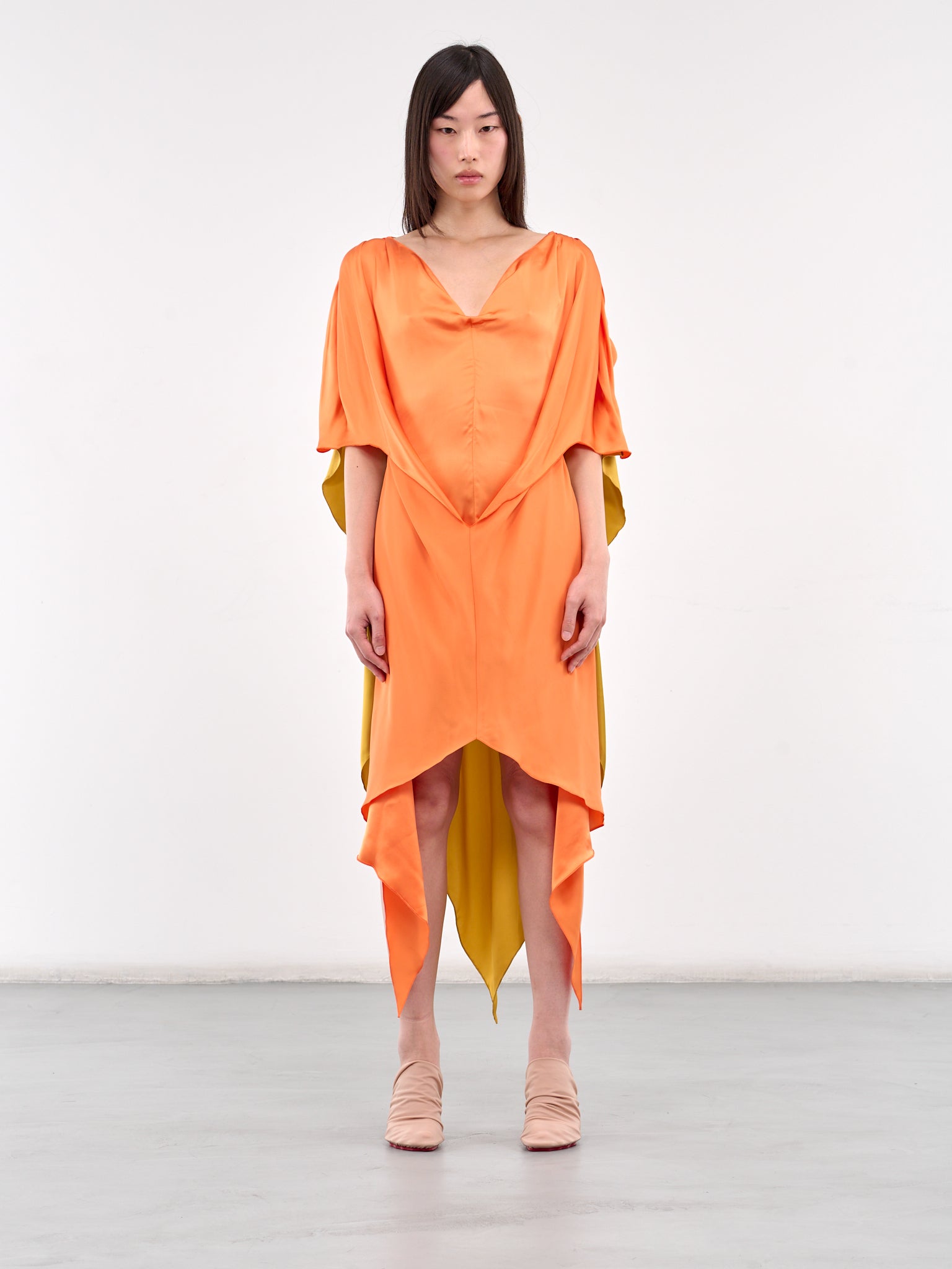 Draped Two-Tone Midi Dress (D04-58-VIVID-ORANGE)