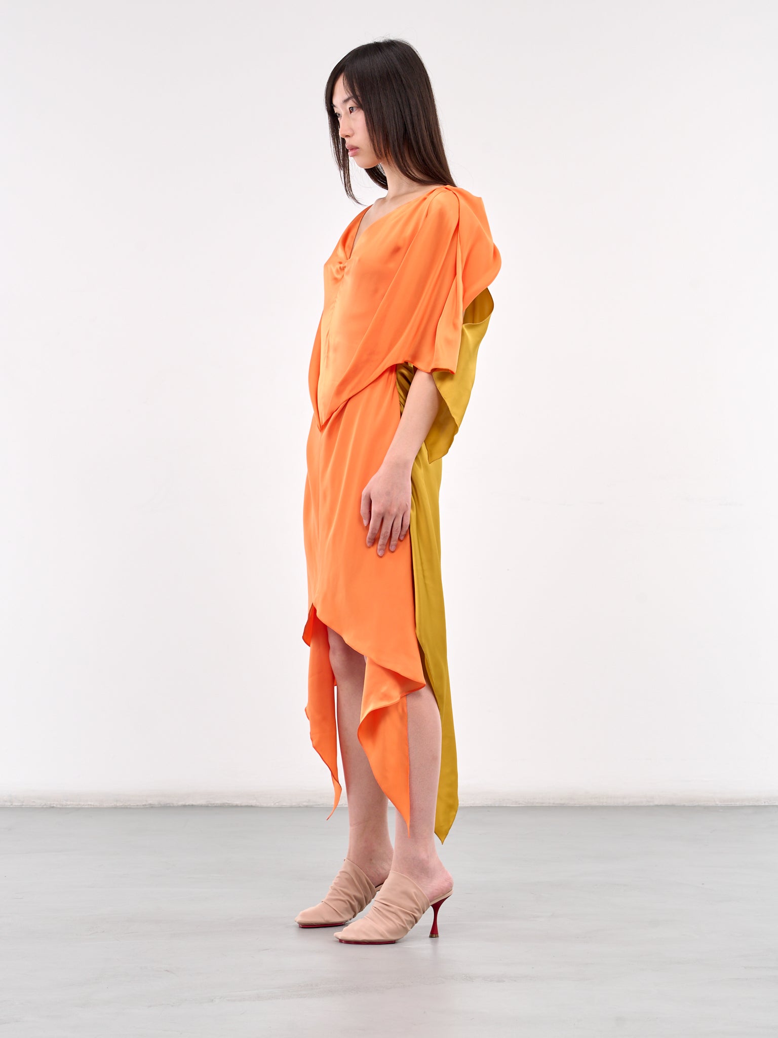 Draped Two-Tone Midi Dress (D04-58-VIVID-ORANGE)