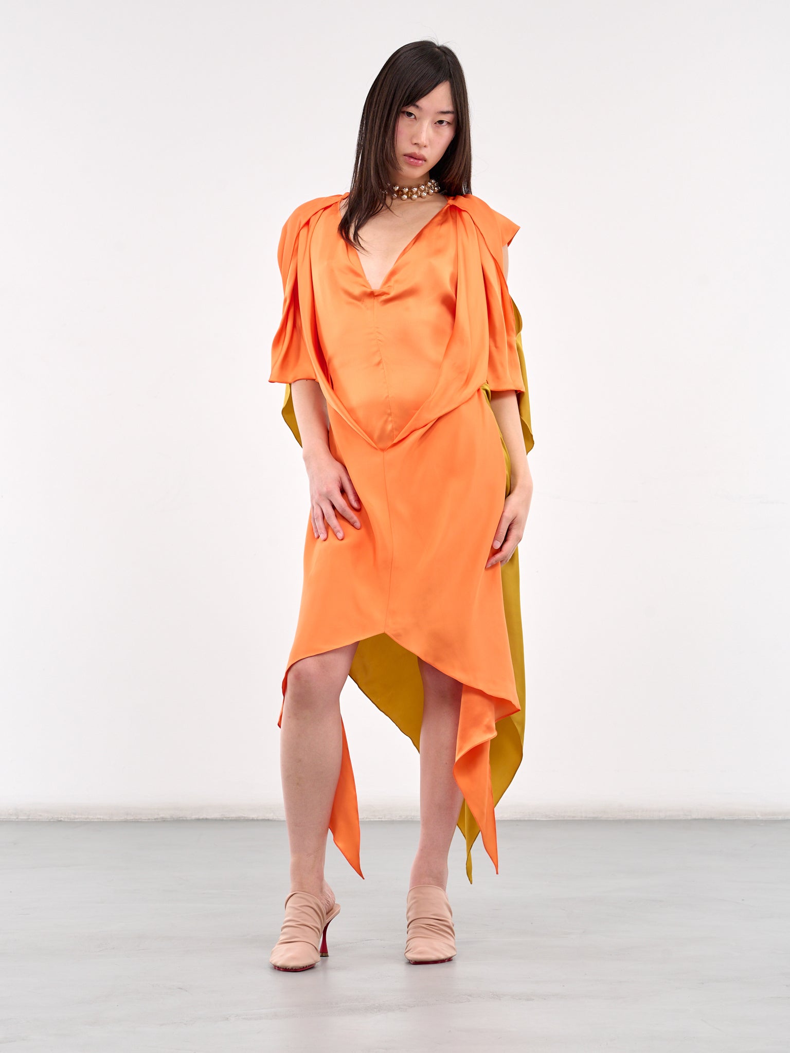 Draped Two-Tone Midi Dress (D04-58-VIVID-ORANGE)