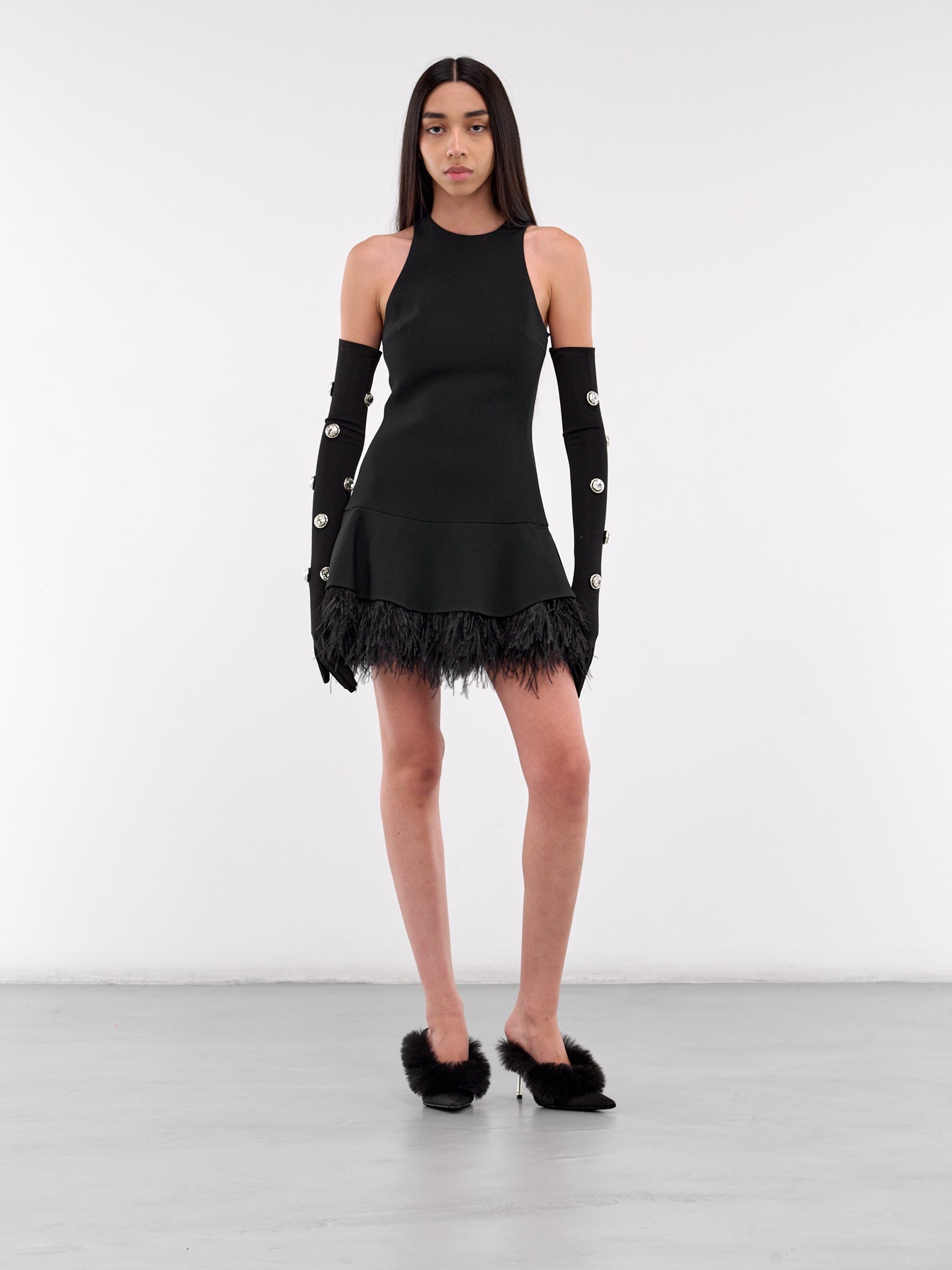 Feather Trim Mini Dress (DK25D-BLACK)