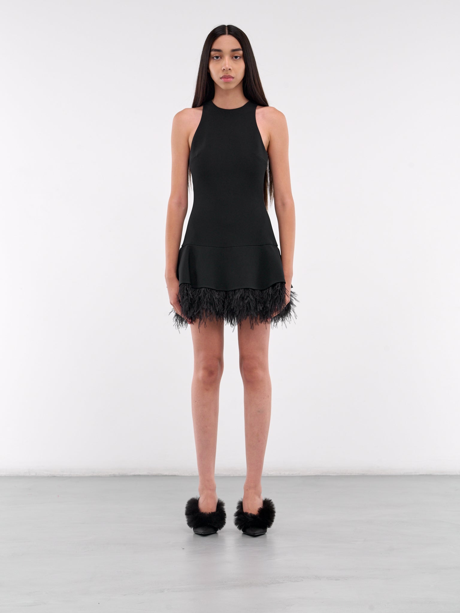 Feather Trim Mini Dress (DK25D-BLACK)