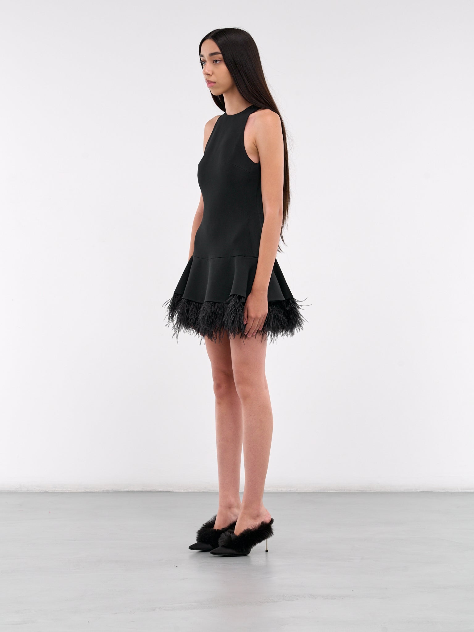 Feather Trim Mini Dress (DK25D-BLACK)