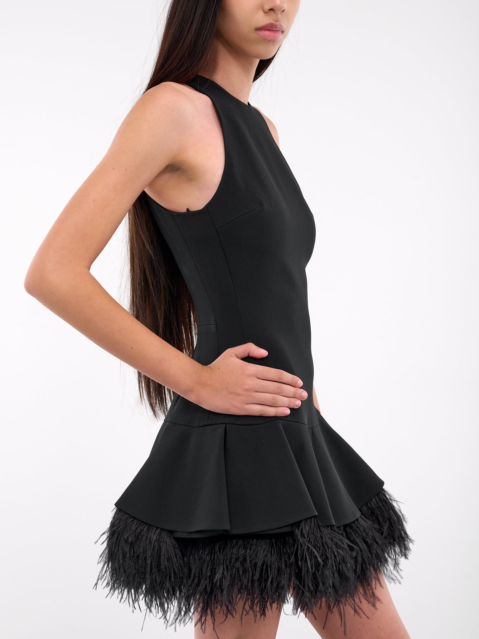 Feather Trim Mini Dress (DK25D-BLACK)