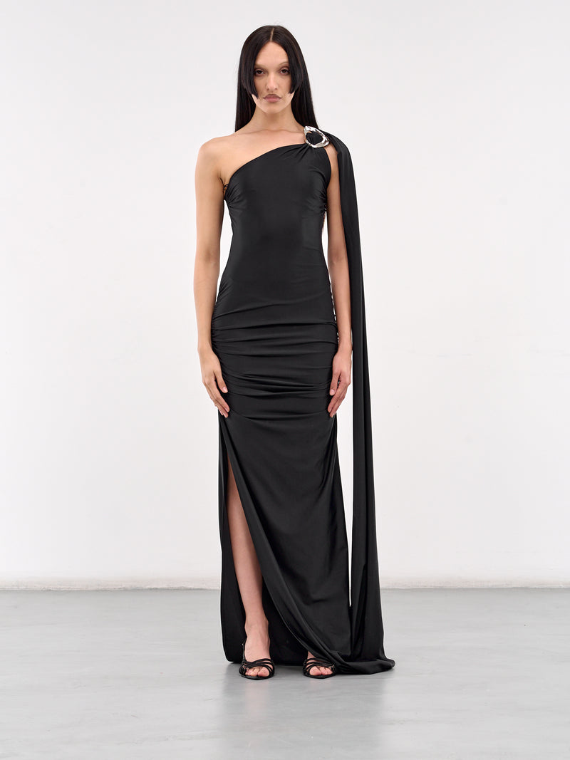 Draped Buckle Long Dress (DR06-BS-BLACK)