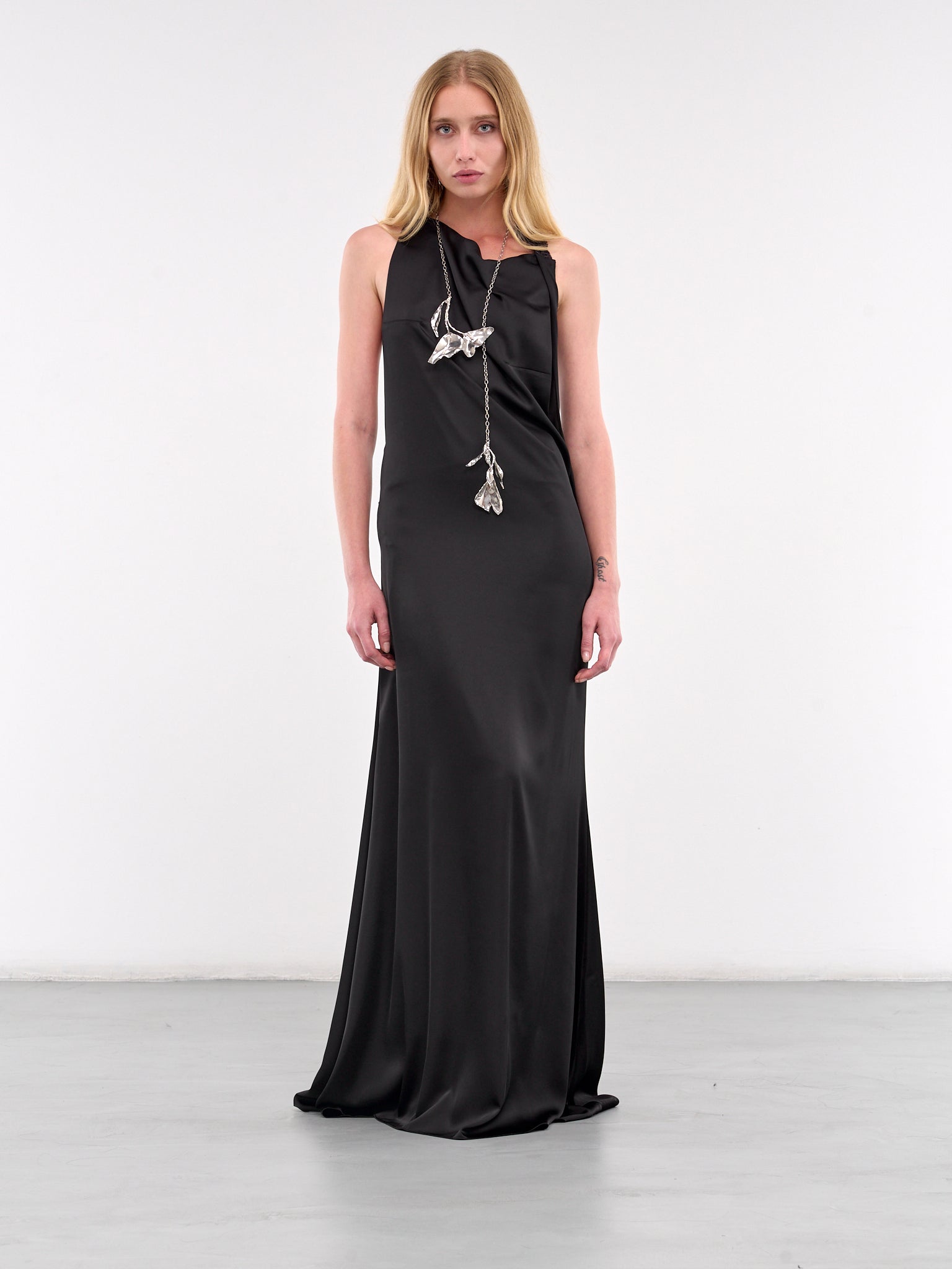 Plunged Back Satin Maxi Dress (DR074D-BLACK)