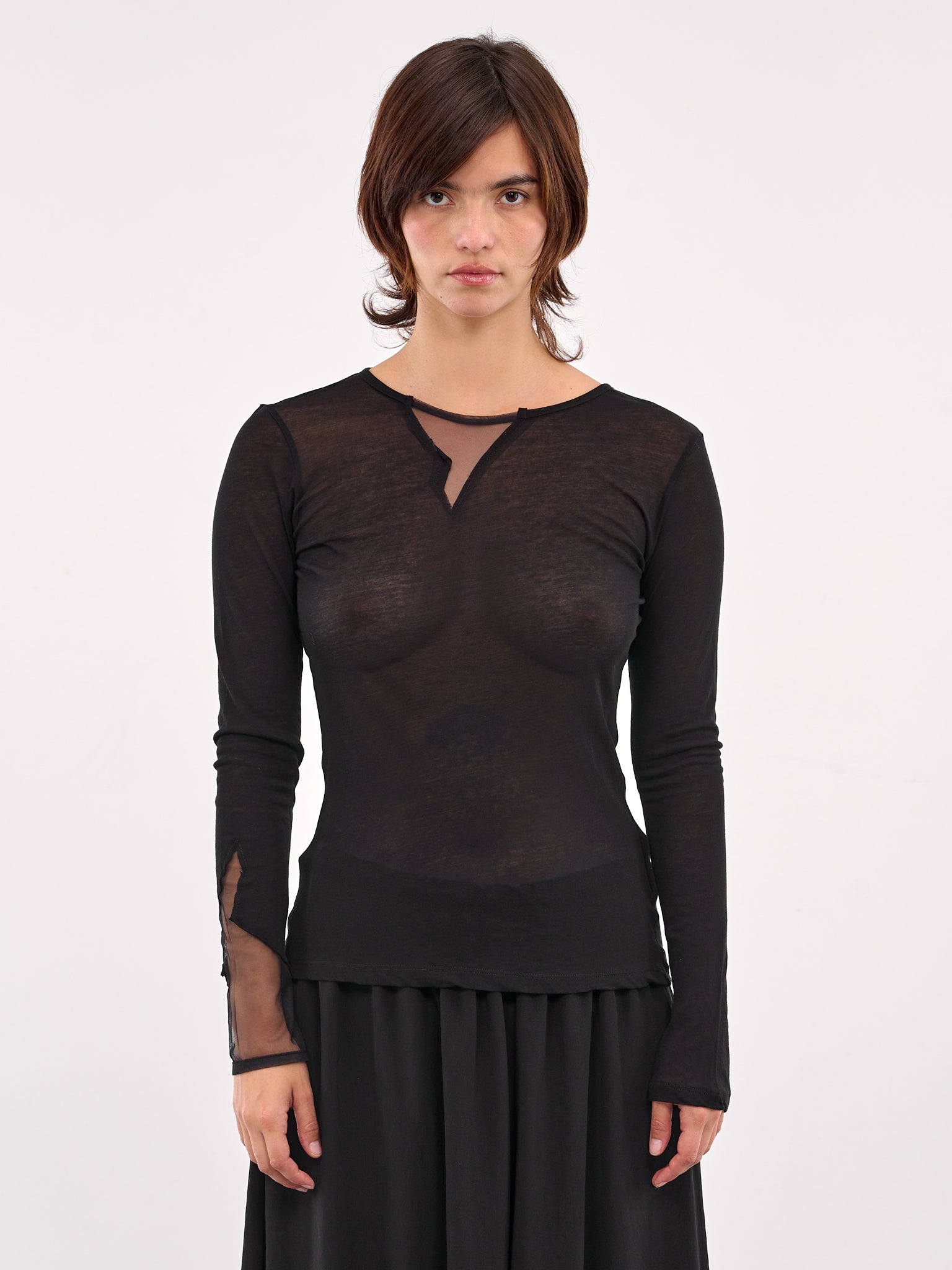 Sheer Paneled Long Sleeve Tee (FP-T24-077-2-BLACK)