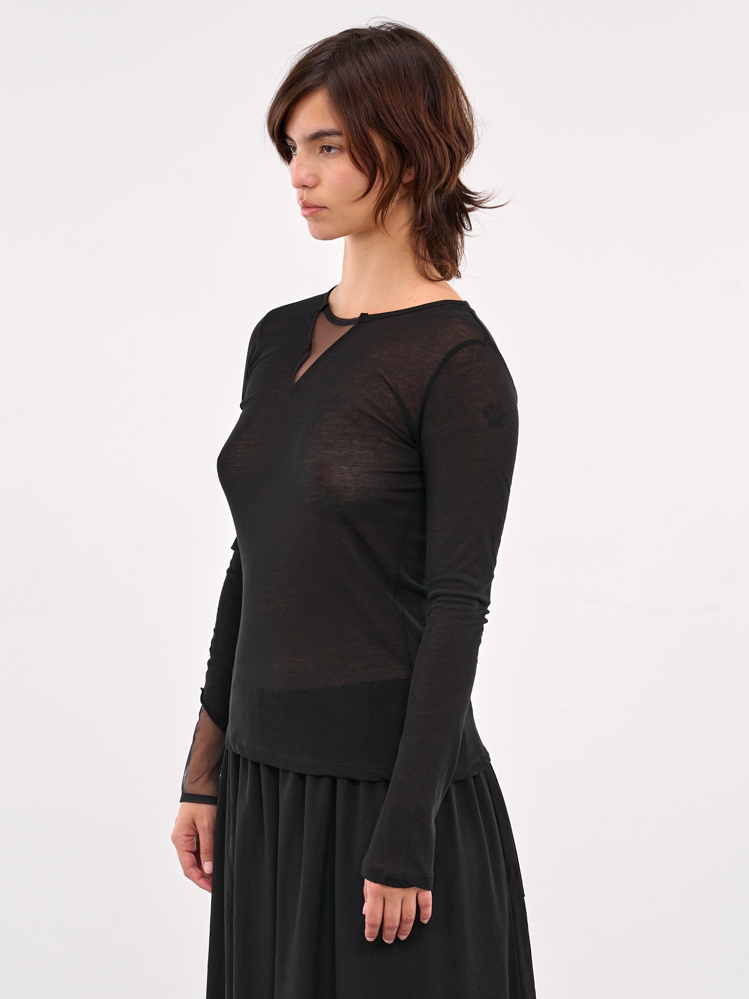 Sheer Paneled Long Sleeve Tee (FP-T24-077-2-BLACK)