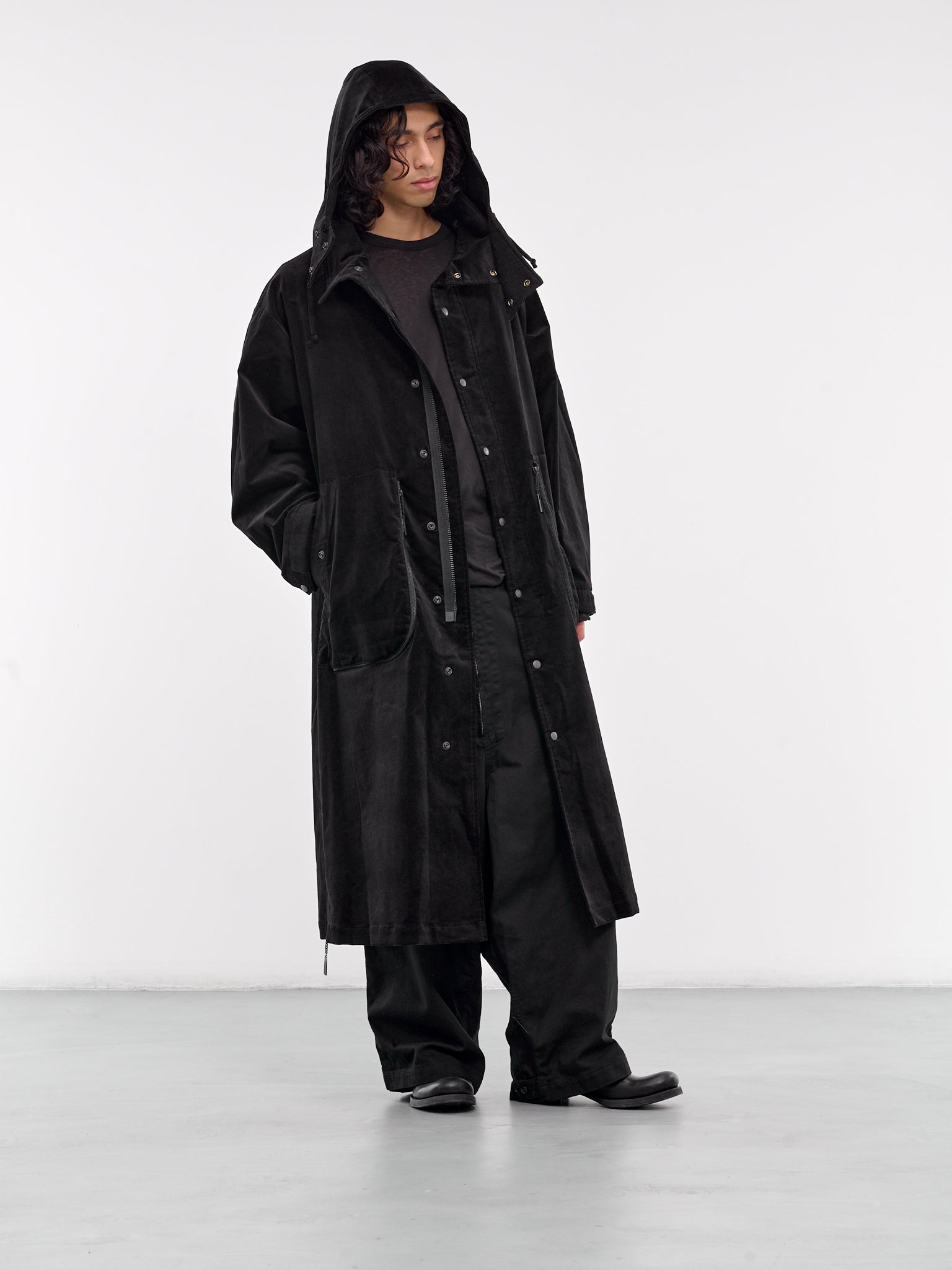 M-Velvet Hooded Long Coat (HO-C14-056-BLACK)